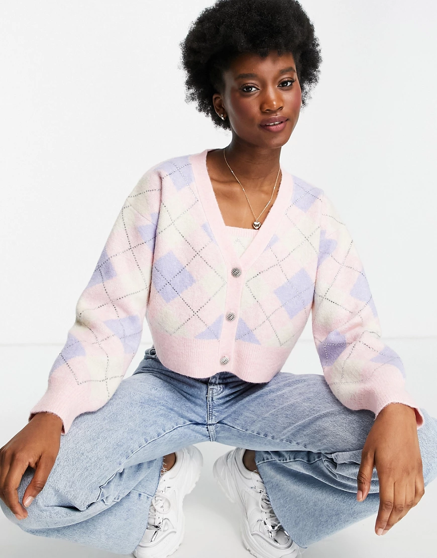 Miss Selfridge – Strickjacke in Rosa mit Rautenmuster, Kombiteil günstig online kaufen