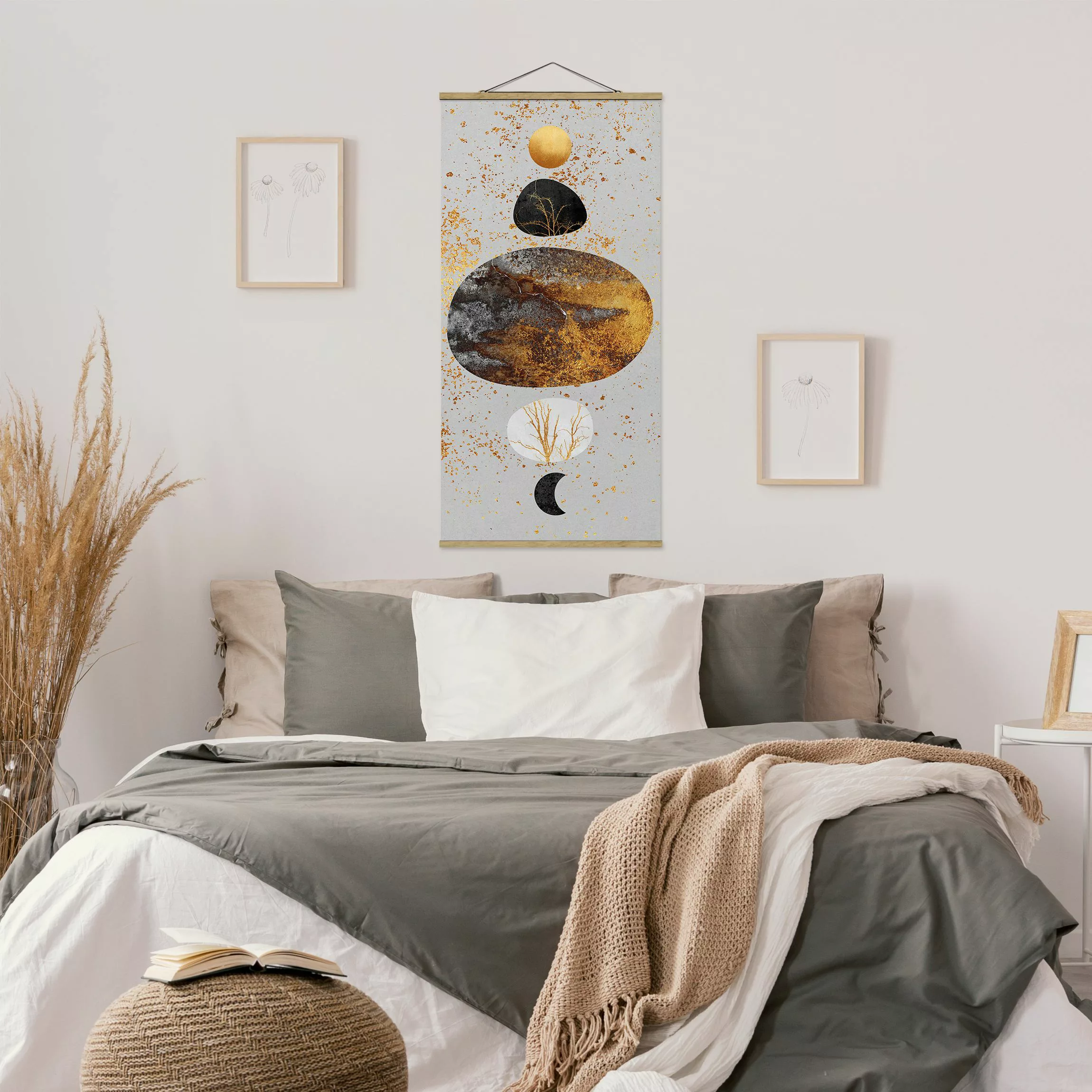 Stoffbild Abstrakt mit Posterleisten - Hochformat Sonne und Mond in Goldgla günstig online kaufen