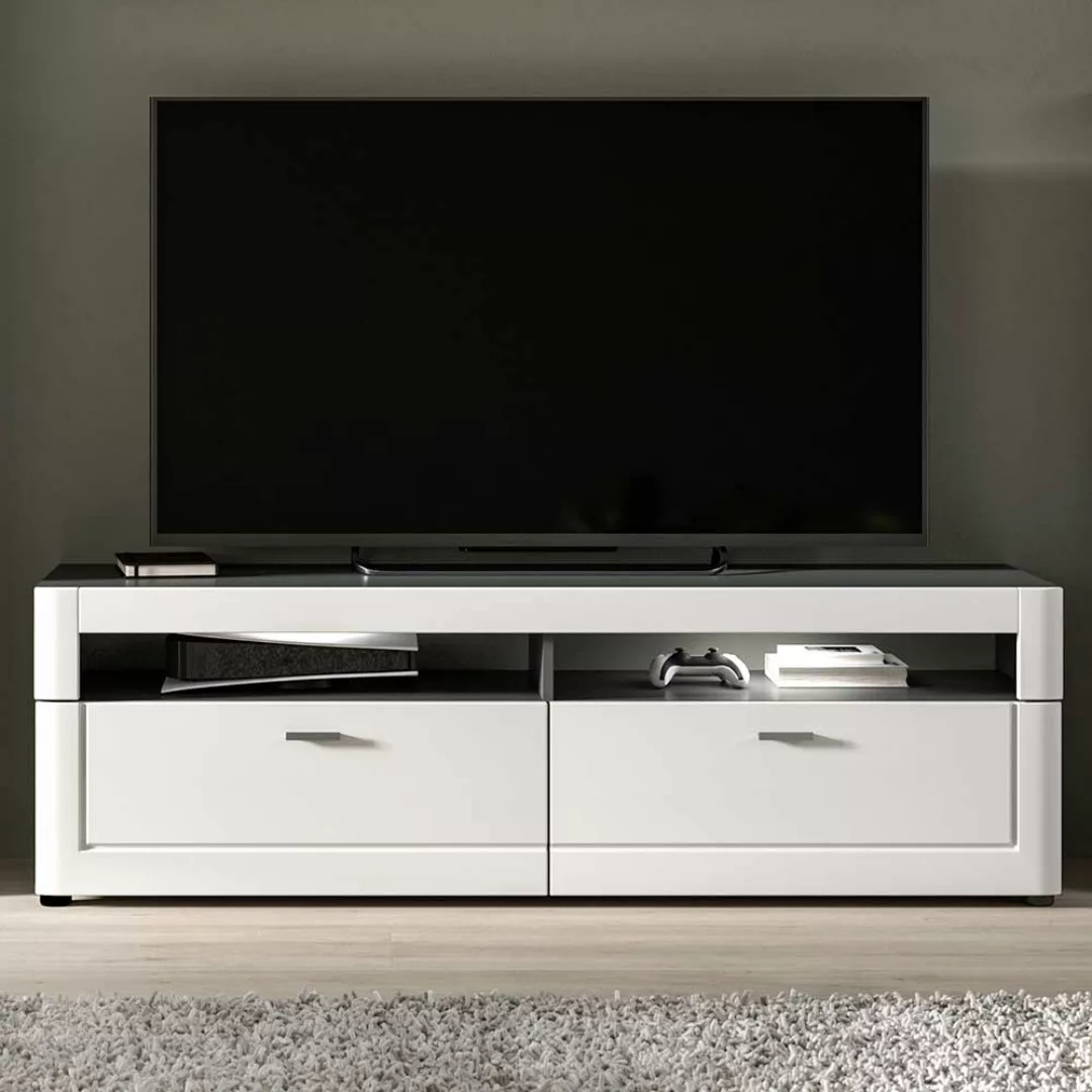 Weiß graues TV Lowboard in modernem Design zwei Schubladen günstig online kaufen