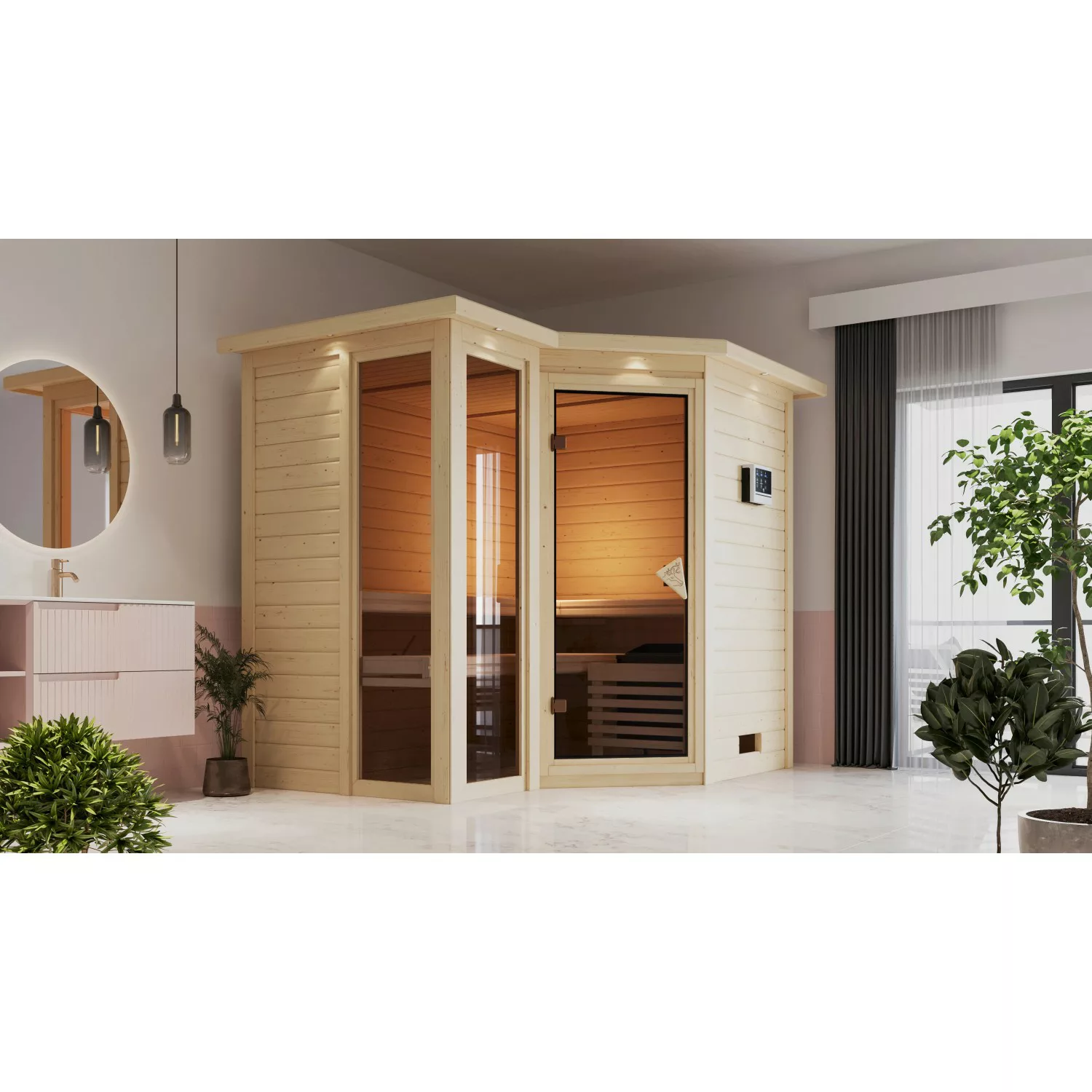 Karibu Sauna Amalia mit Bio-Ofen externe Stg.LED-Dachkranz Natur günstig online kaufen