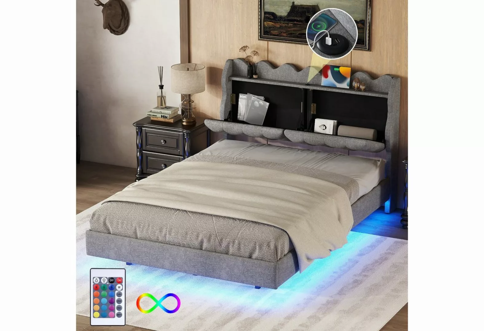 REDOM Polsterbett Doppelbett mit Nachtkästchen, mit Lichtleiste, mit USB-La günstig online kaufen