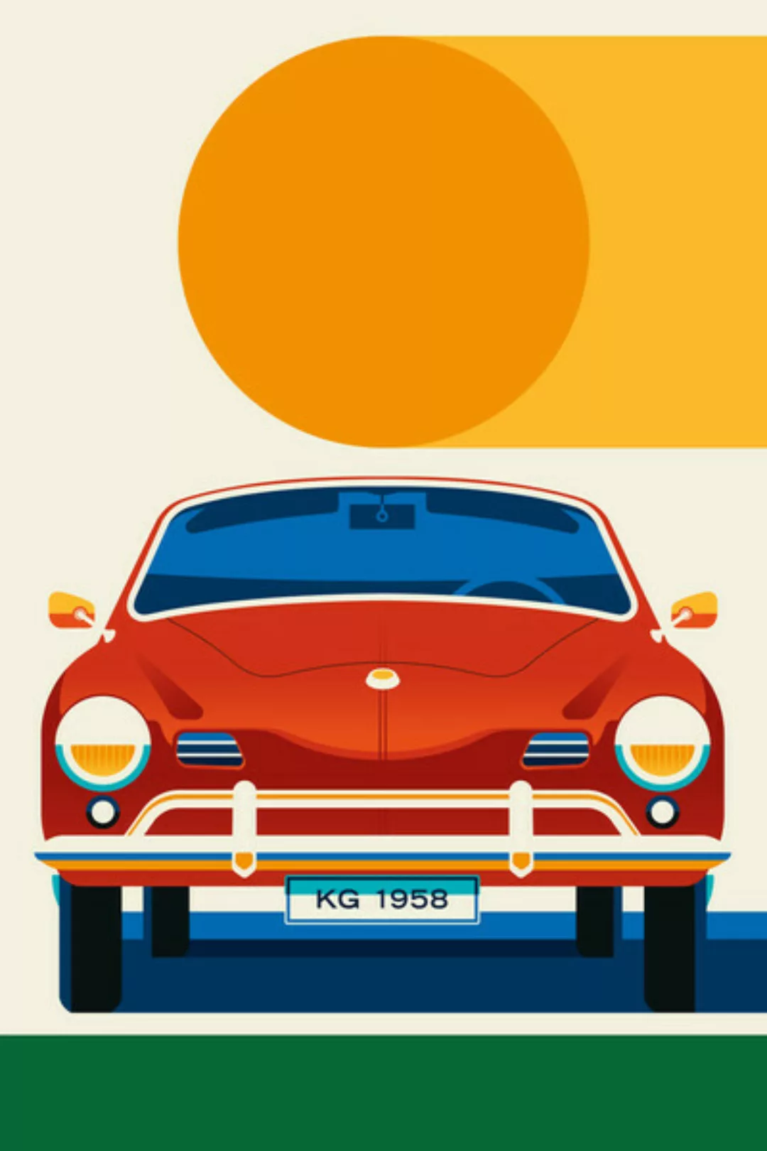 Poster / Leinwandbild - Vintage Sports Car Red With Orange Sun günstig online kaufen