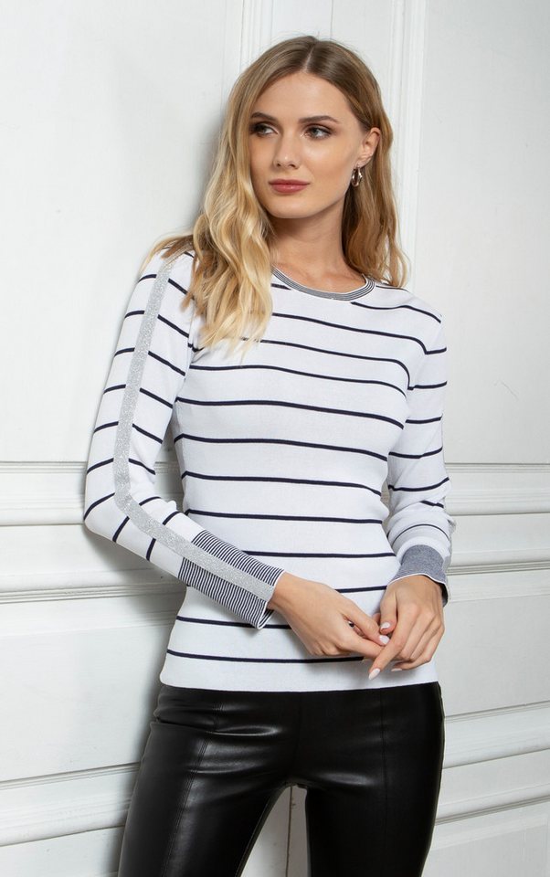 Passioni Sweater Pullover in Weiß mit marineblauen Streifen und metallische günstig online kaufen