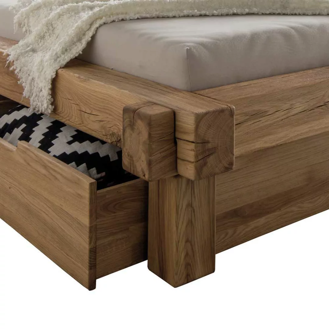 Doppelbett aus Wildeiche Massivholz Schublade (dreiteilig) günstig online kaufen