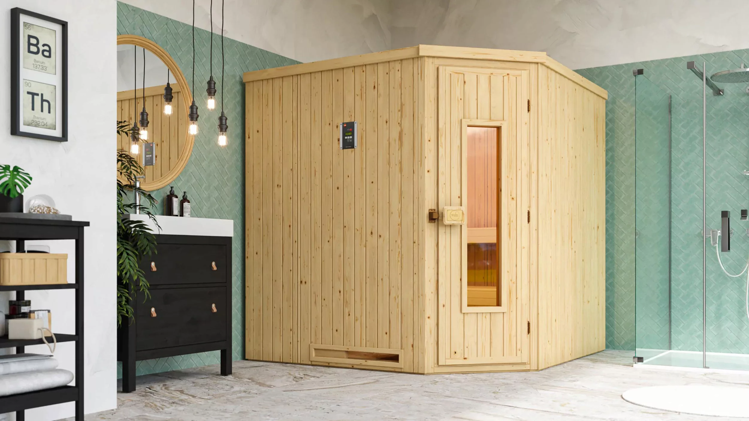 Weka Element-Ecksauna Varberg 3 Sparset 9 kW Kompakt Holztür günstig online kaufen