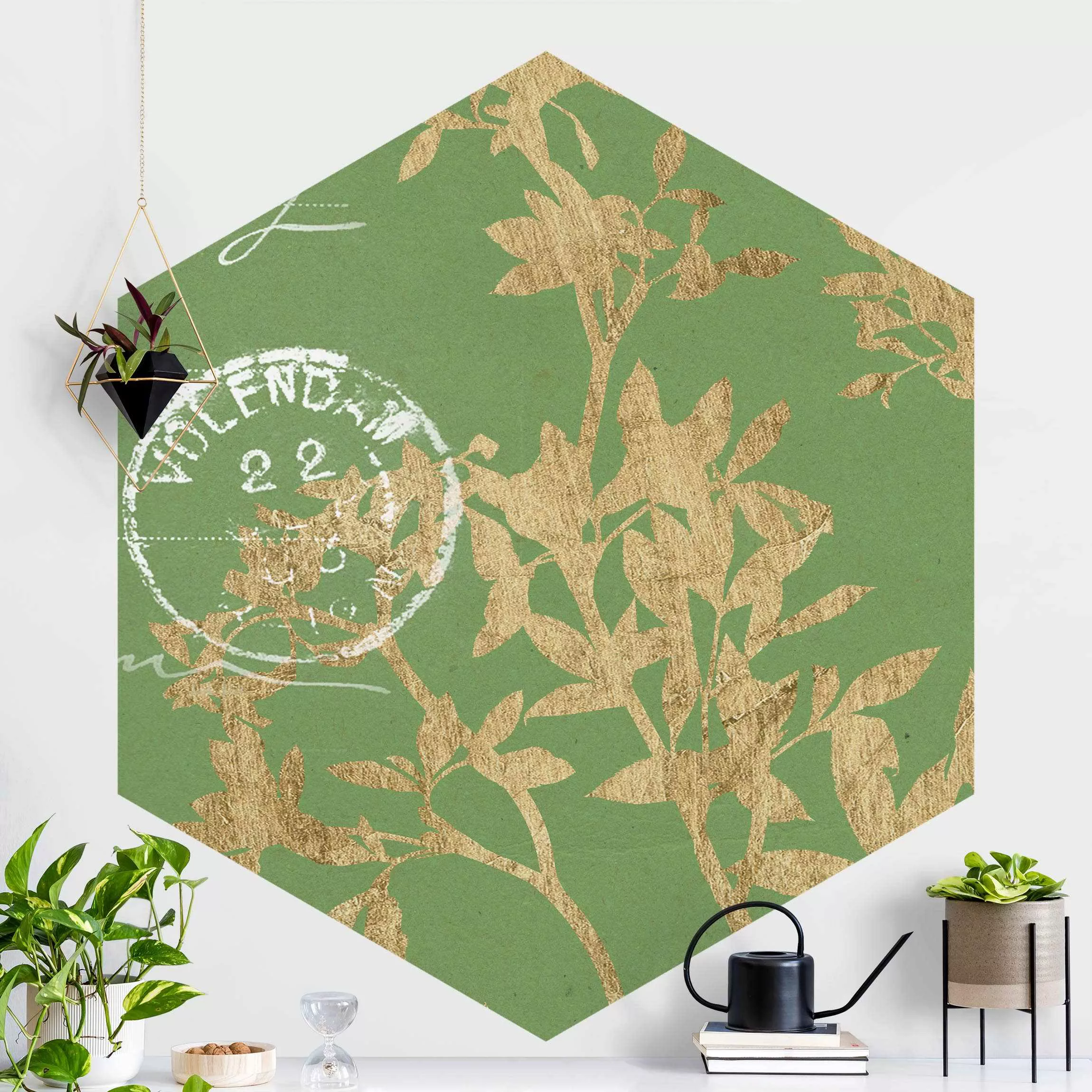 Hexagon Fototapete selbstklebend Goldene Blätter auf Lind II günstig online kaufen