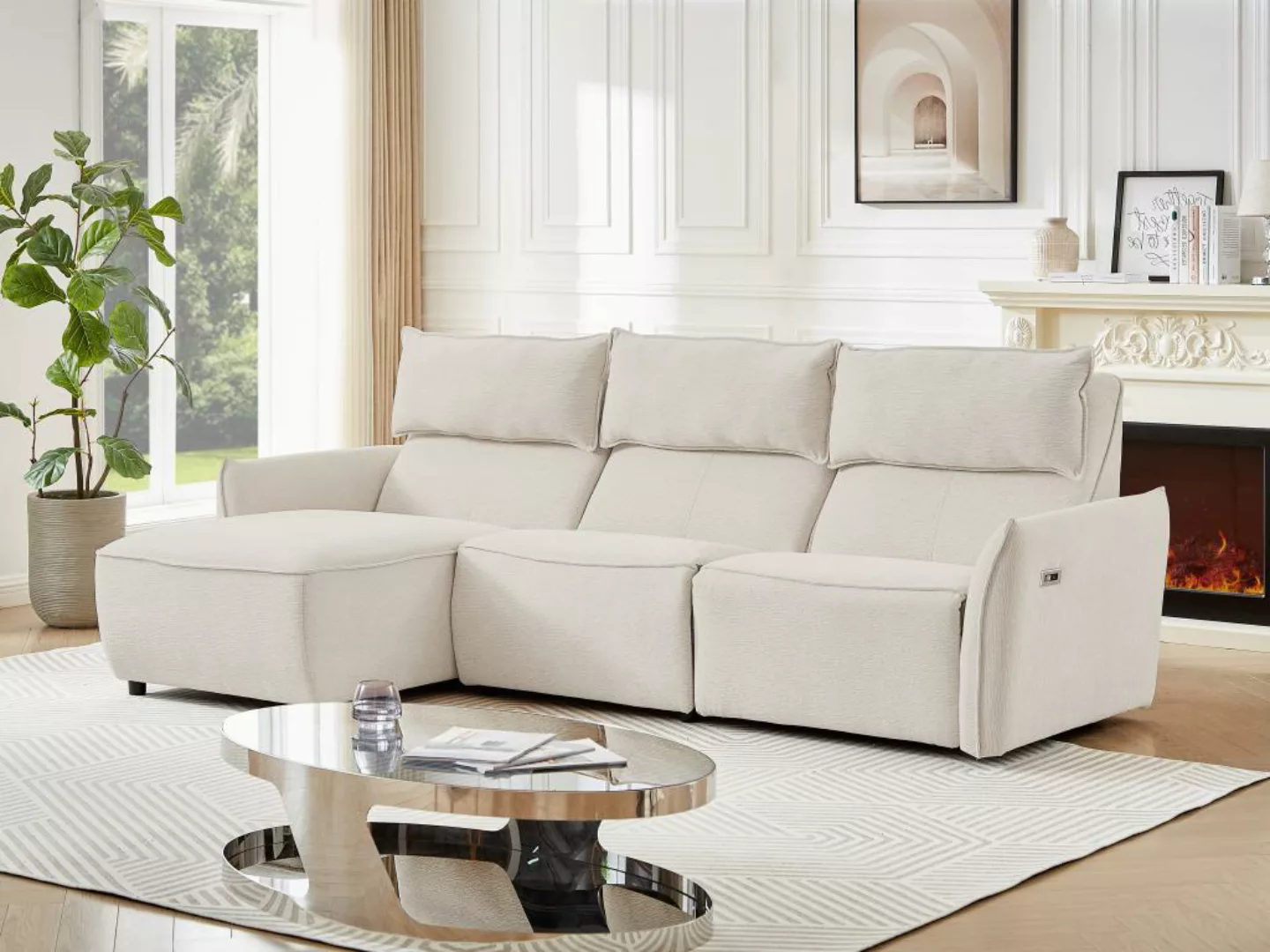 Eckrelaxsofa elektrisch - Ecke links - Strukturstoff - Beige - LOANO günstig online kaufen