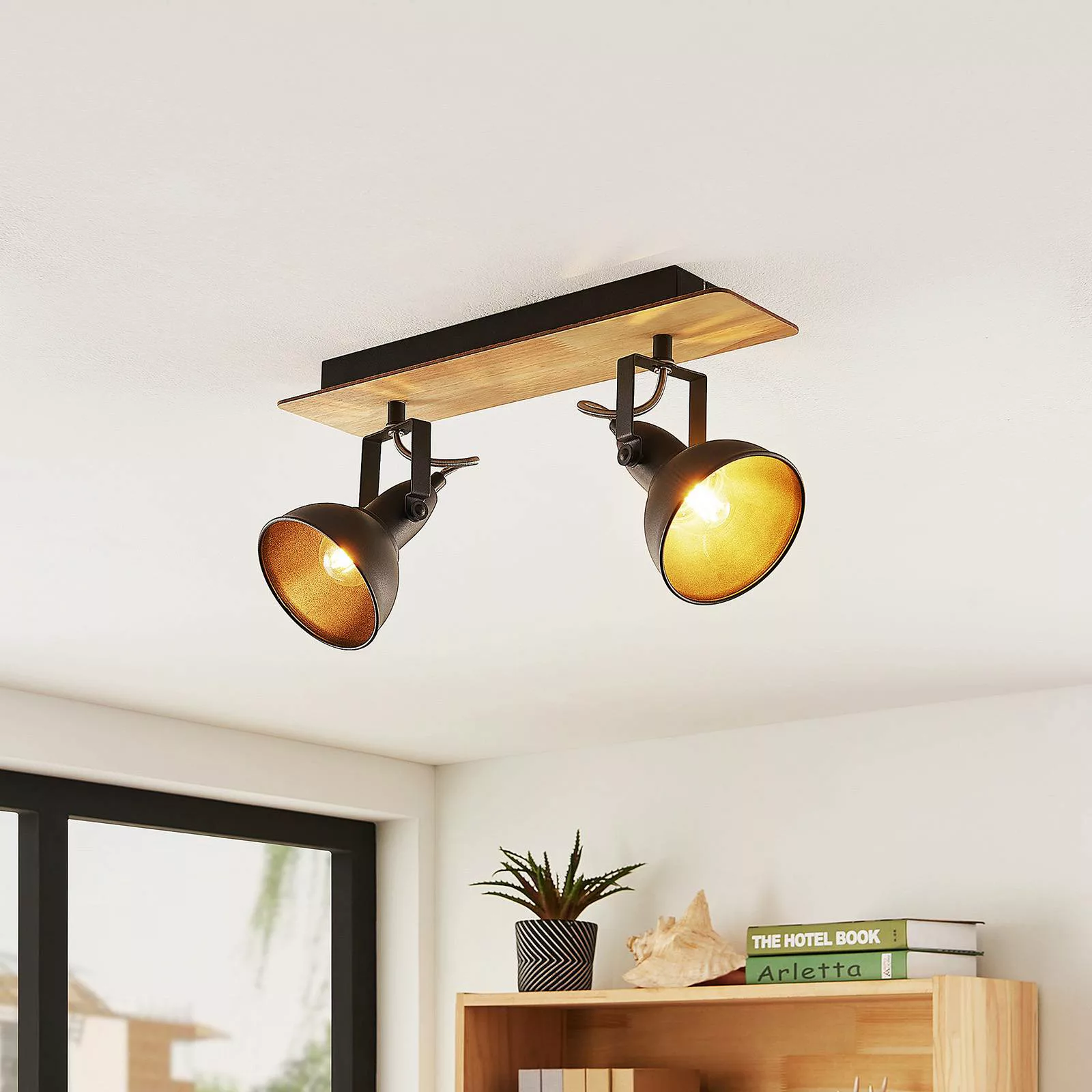 Lindby Deckenlampe Aylis, 2-flg., 40 cm, schwarz, Holz, E14 günstig online kaufen