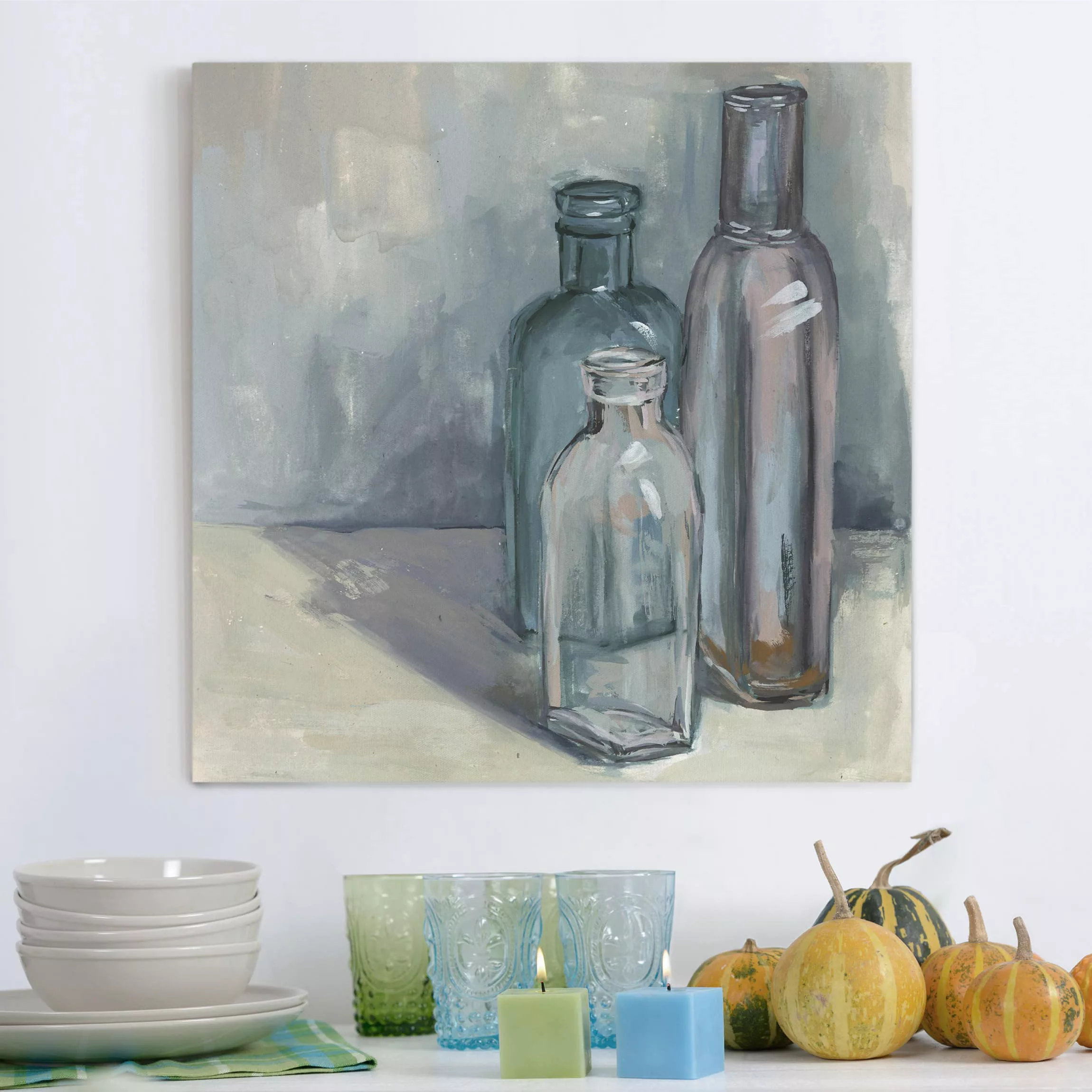 Leinwandbild Kunstdruck - Quadrat Stillleben mit Glasflaschen I günstig online kaufen