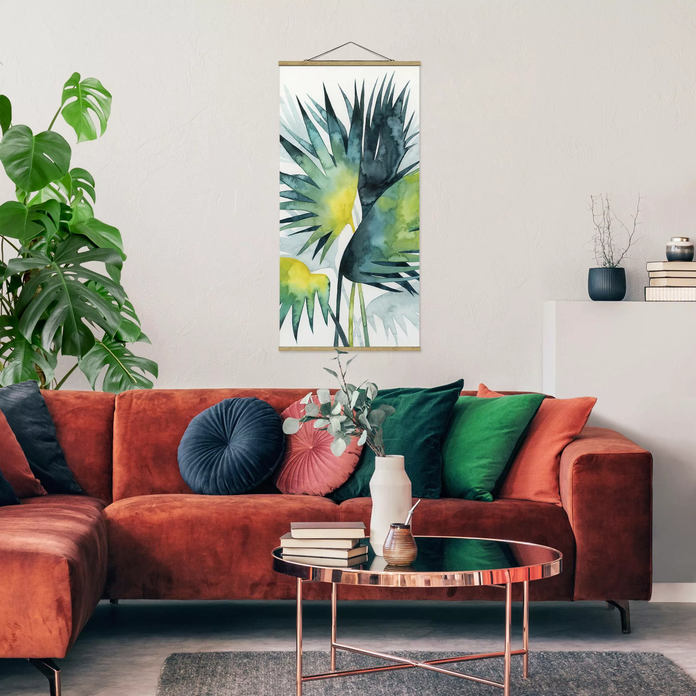 Stoffbild Blumen mit Posterleisten - Hochformat Tropisches Blattwerk - Fäch günstig online kaufen