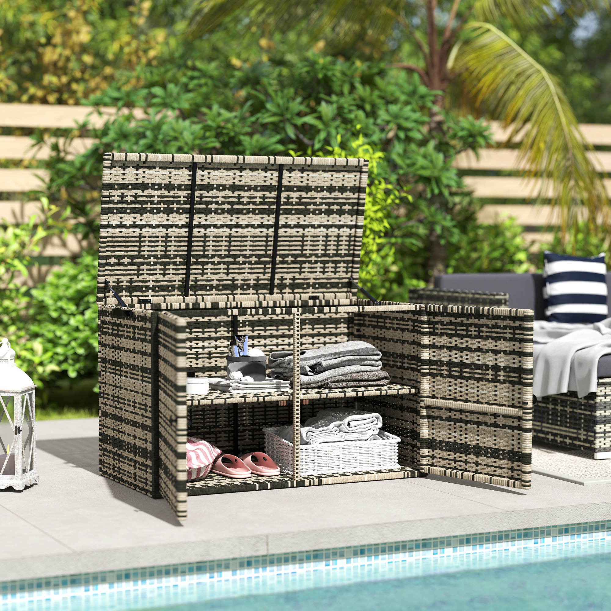 Outsunny Rattan Auflagenbox 350L 2-Ebenne wetterfest Kissenbox mit Deckel H günstig online kaufen