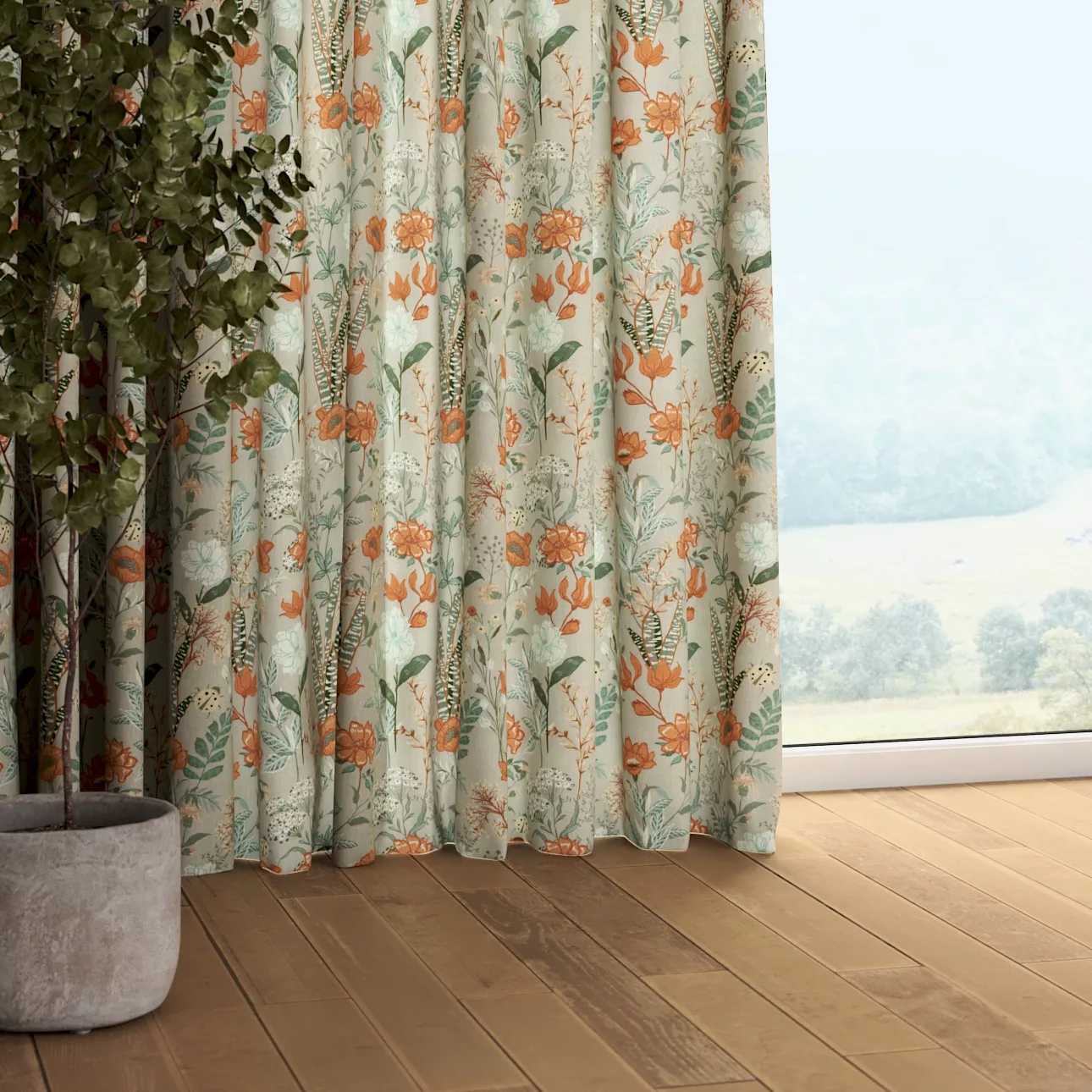 Vorhang mit Kräuselband, grau-orange-grün, Flowers (143-70) günstig online kaufen