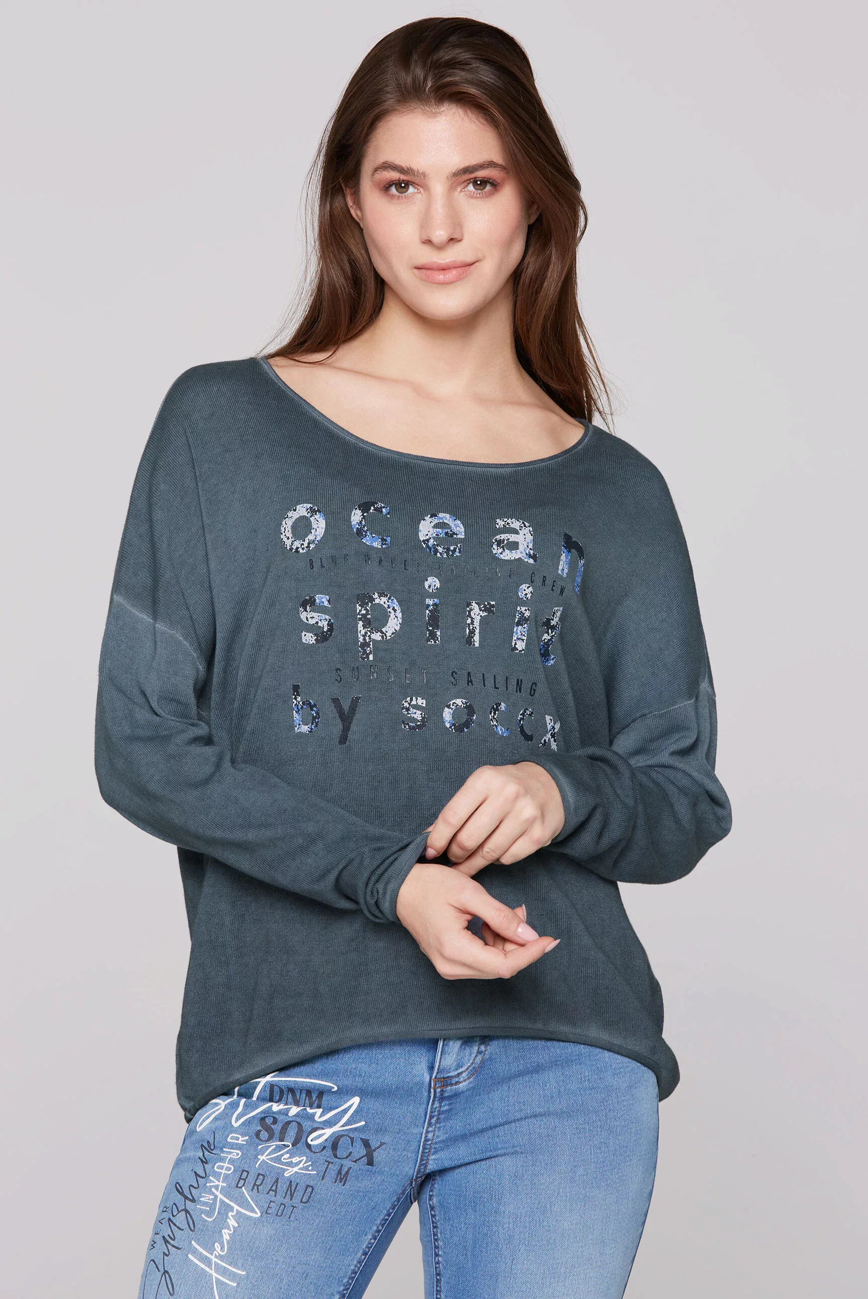 SOCCX Strickpullover SOCCX Oversized Pullover mit Wording Print in Flas (1- günstig online kaufen