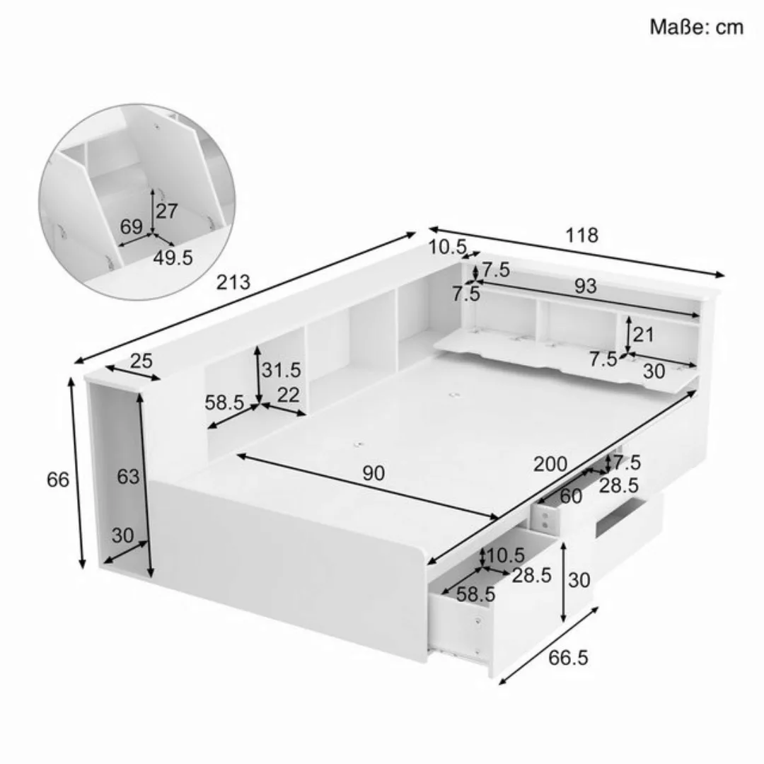 SOFTWEARY Jugendbett Multifunktionales Einzelbett mit Aufbewahrung, 90x200 günstig online kaufen