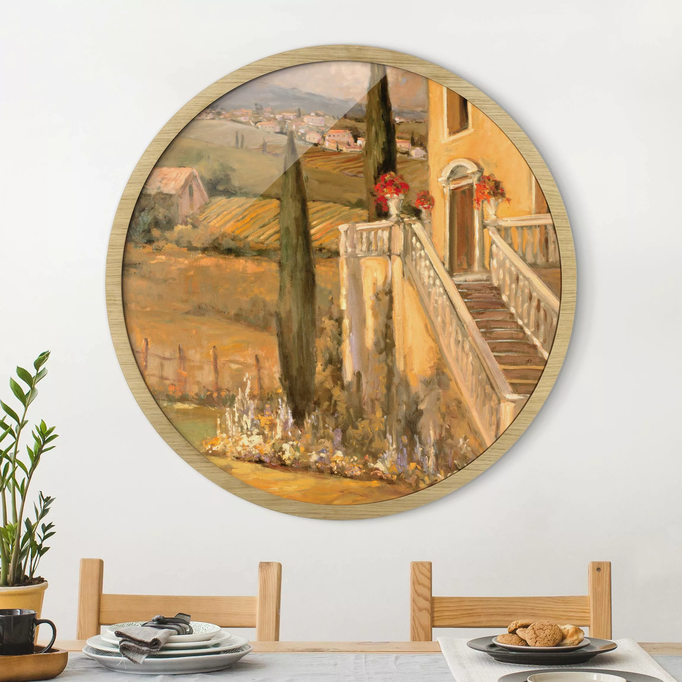 Rundes Gerahmtes Bild Italienische Landschaft - Haustreppe günstig online kaufen
