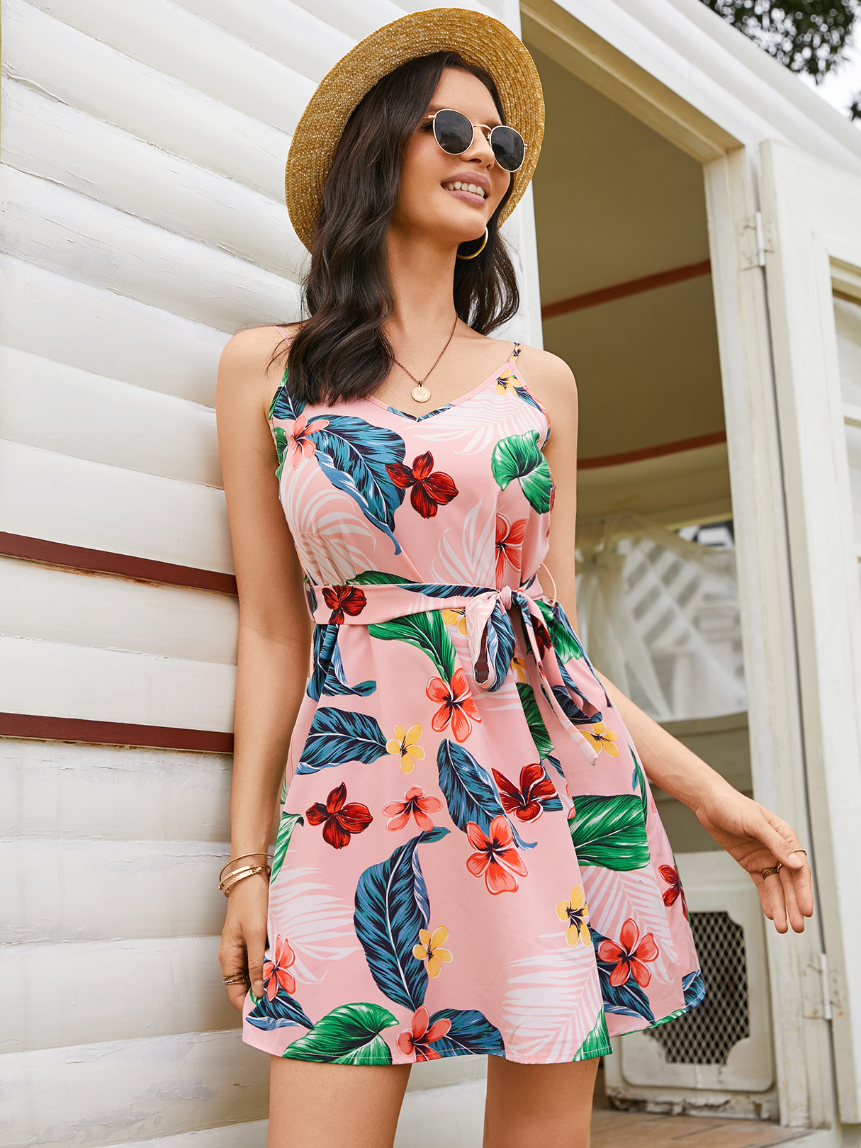 YOINS Tropical Backless Belt Design Ärmellos Mini Kleid günstig online kaufen