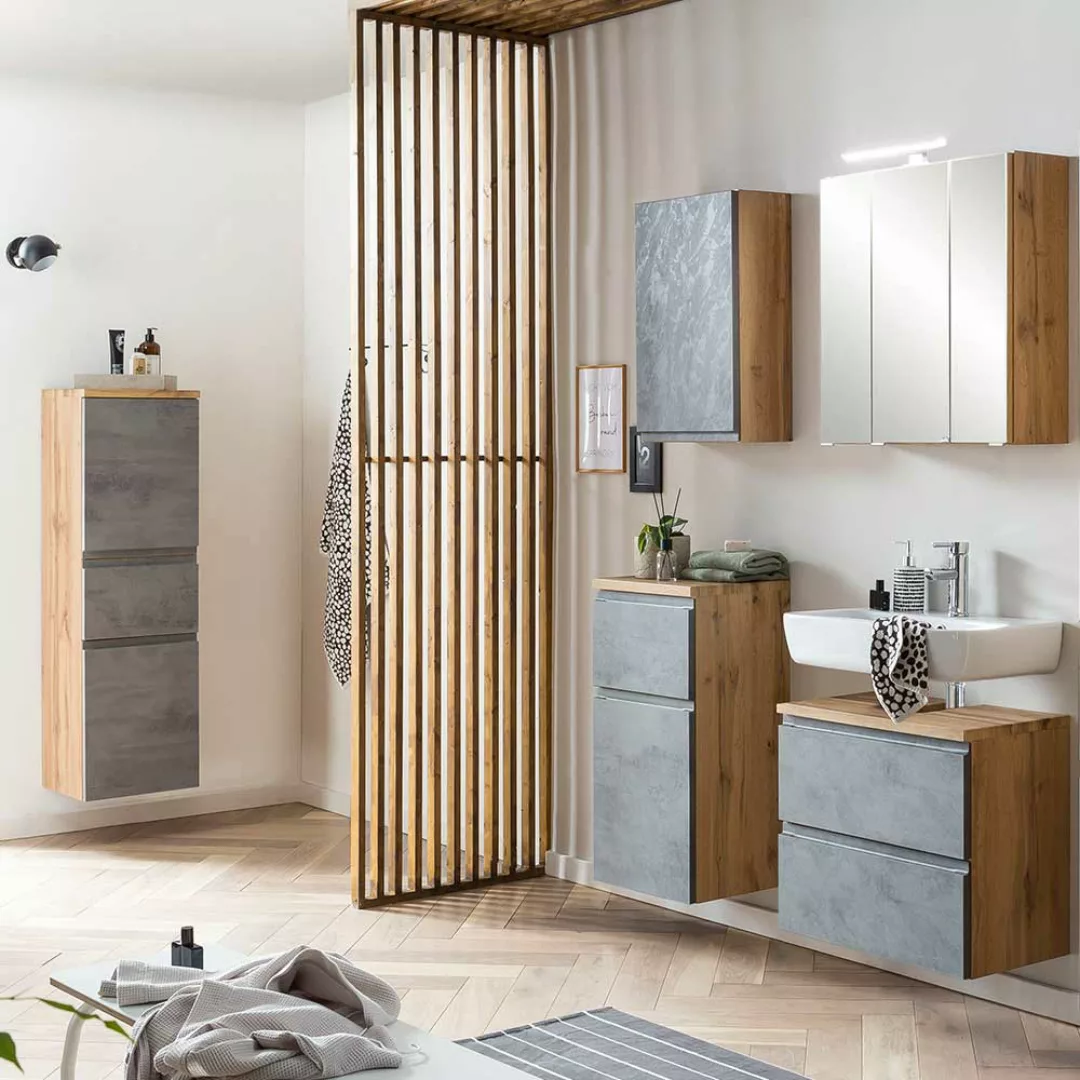 Modernes Badezimmermöbel Set in Beton Grau Wildeichefarben (fünfteilig) günstig online kaufen