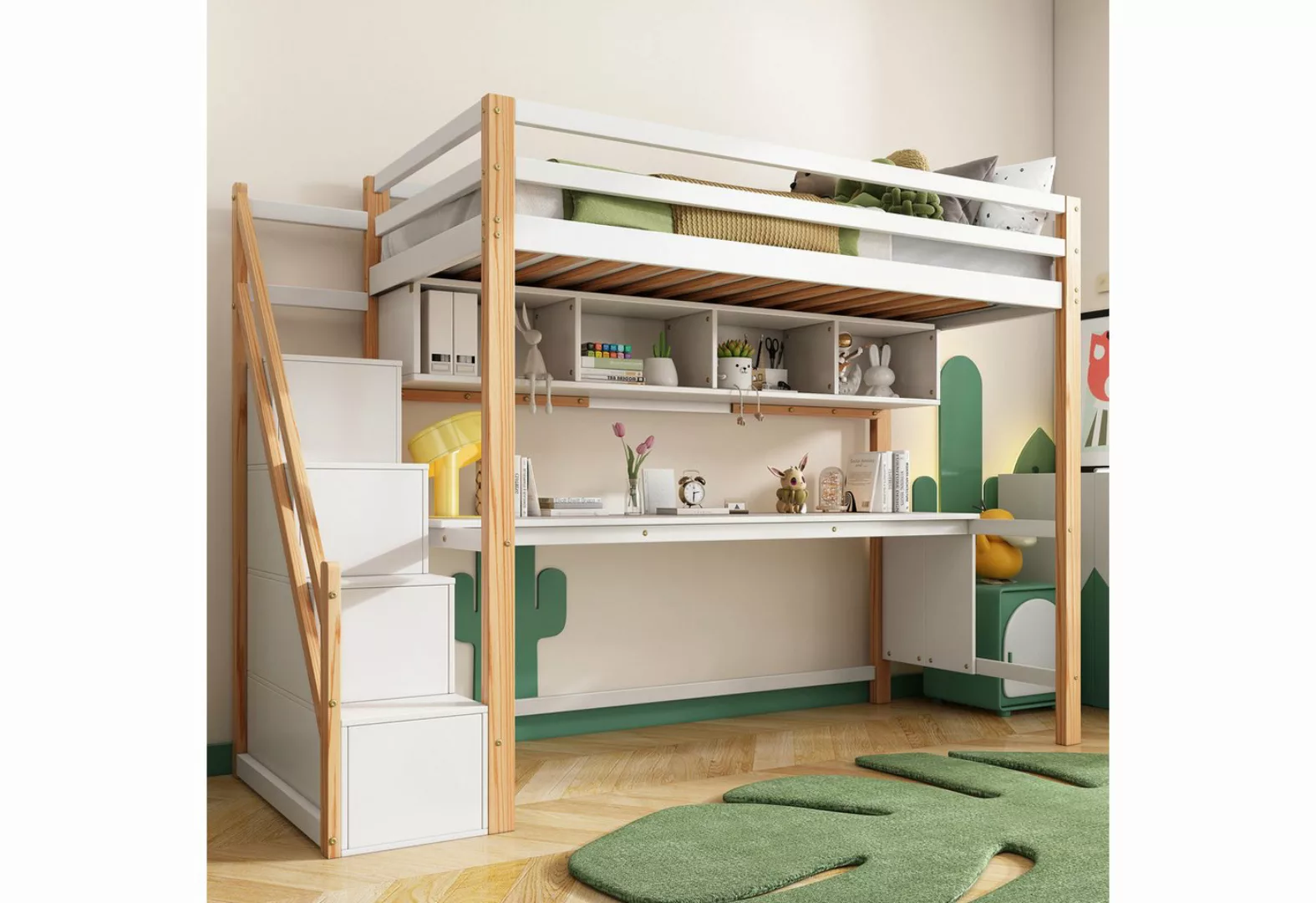 Flieks Hochbett Kinderbett Etagenbett mit Schreibtisch und Treppe 90x200cm günstig online kaufen