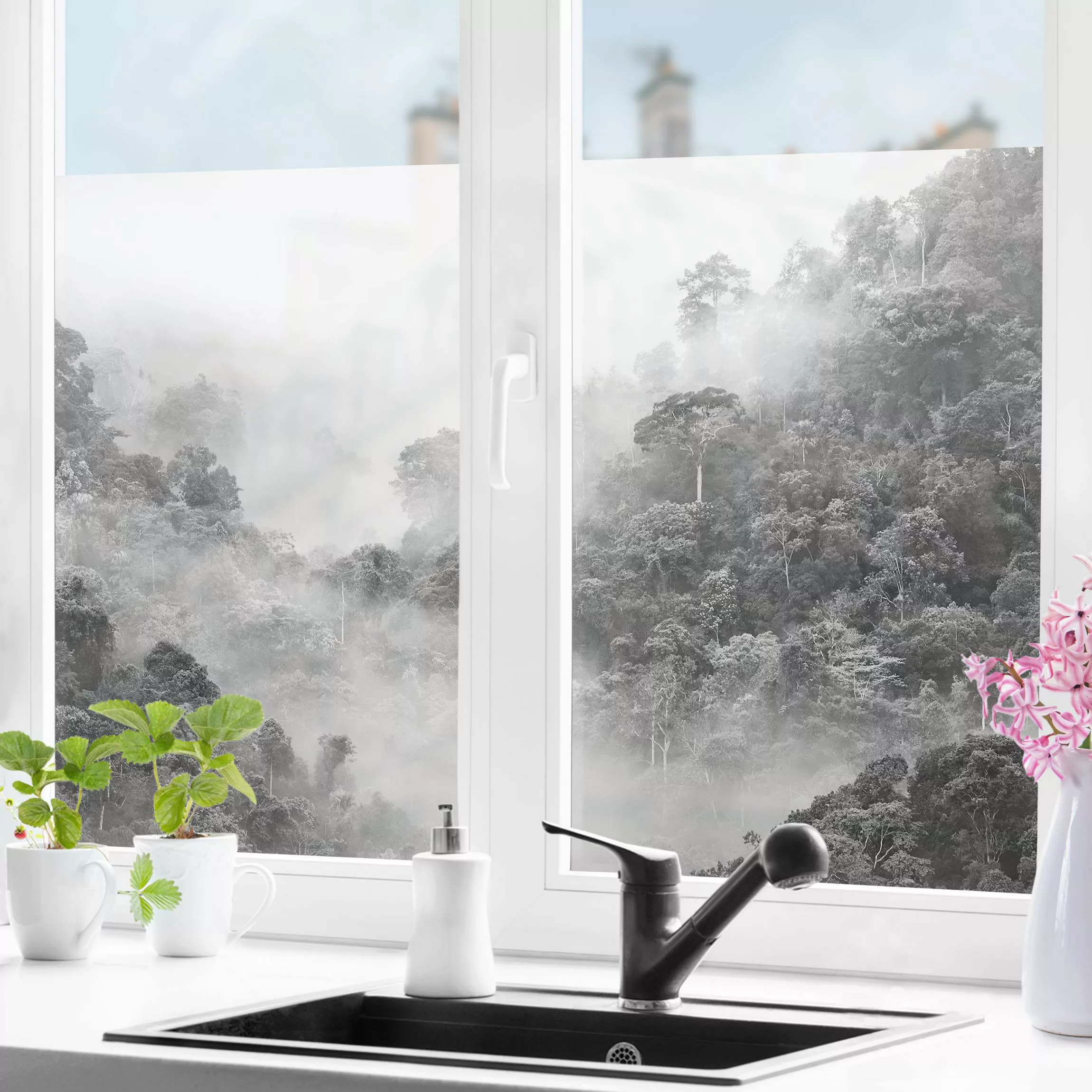 Fensterfolie Dschungel im Nebel Schwarz-Weiß günstig online kaufen