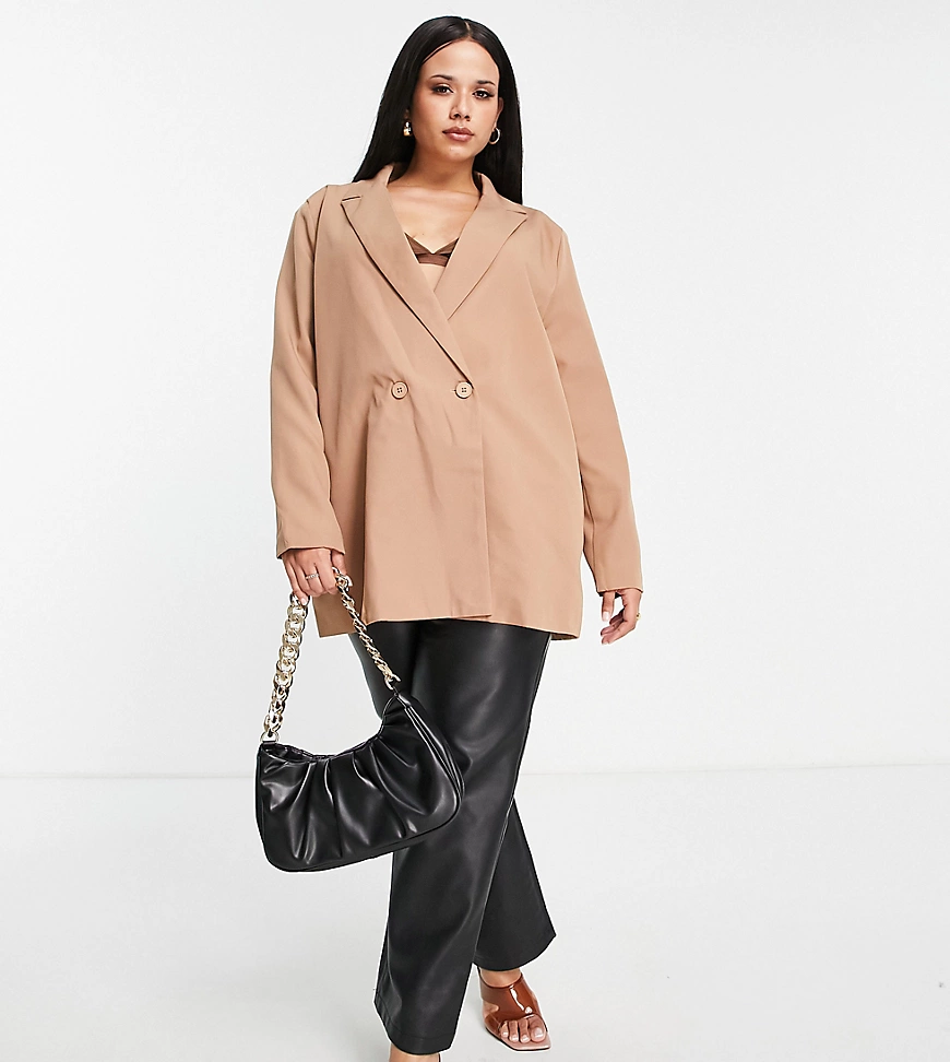 Heartbreak Plus – Zweireihiger Oversize-Blazer in Camel-Grün günstig online kaufen