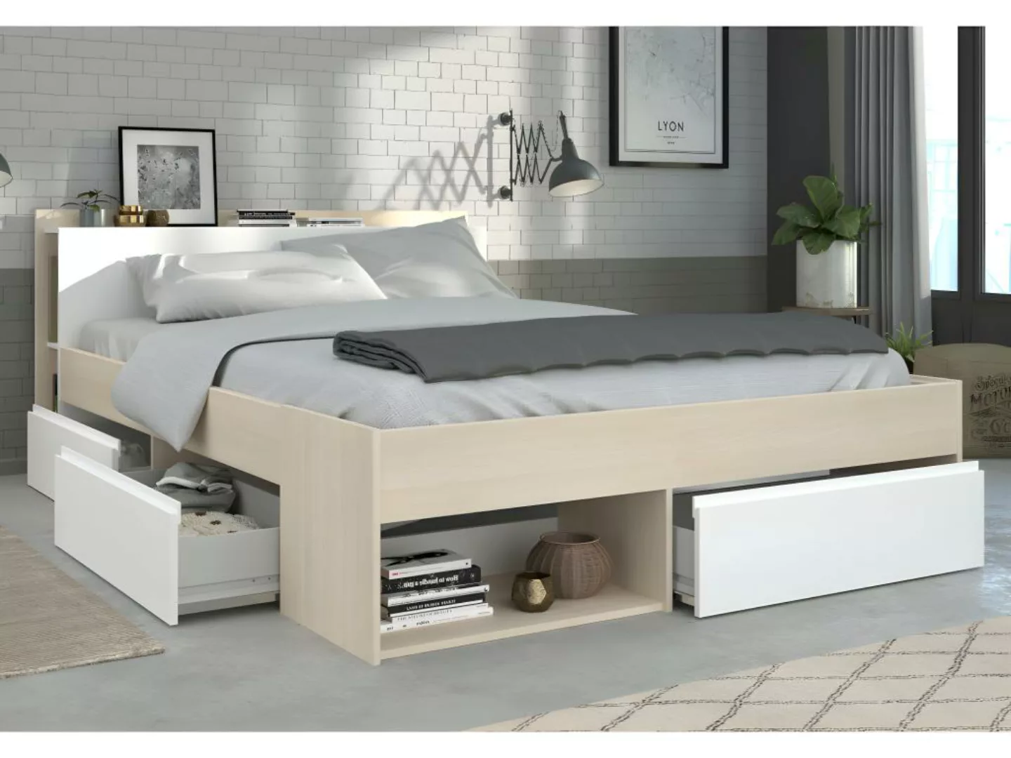Bett mit Stauraum + Lattenrost + Matratze - 160 x 200 cm - Weiß & Holzfarbe günstig online kaufen