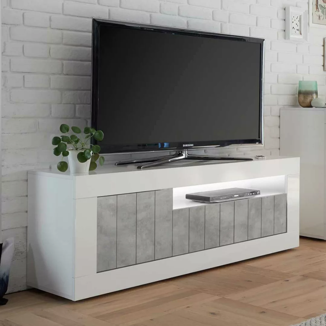 TV Board in Beton Grau und Weiß Hochglanz Industry Stil günstig online kaufen