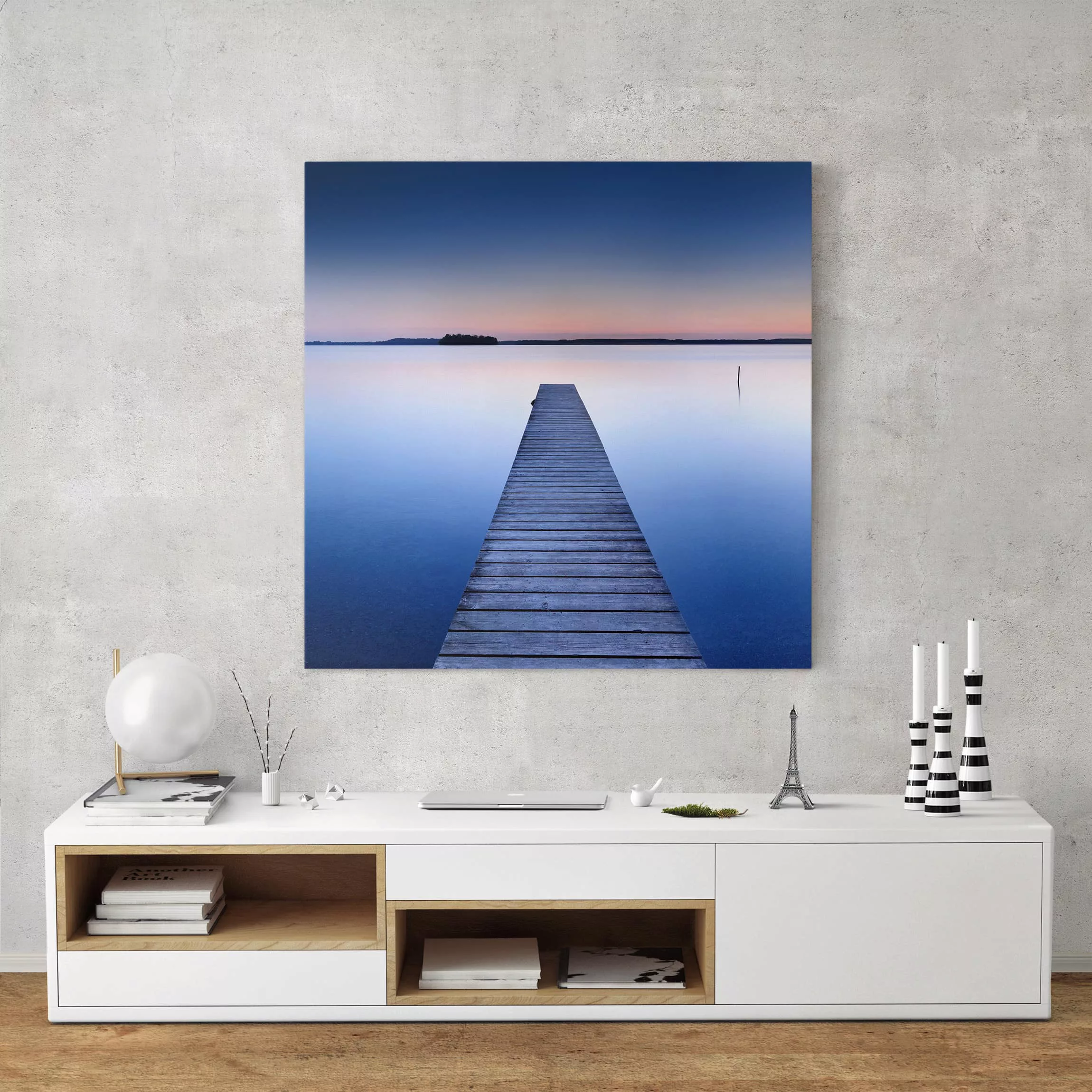 Leinwandbild Strand - Quadrat Flusssteg bei Sonnenuntergang günstig online kaufen