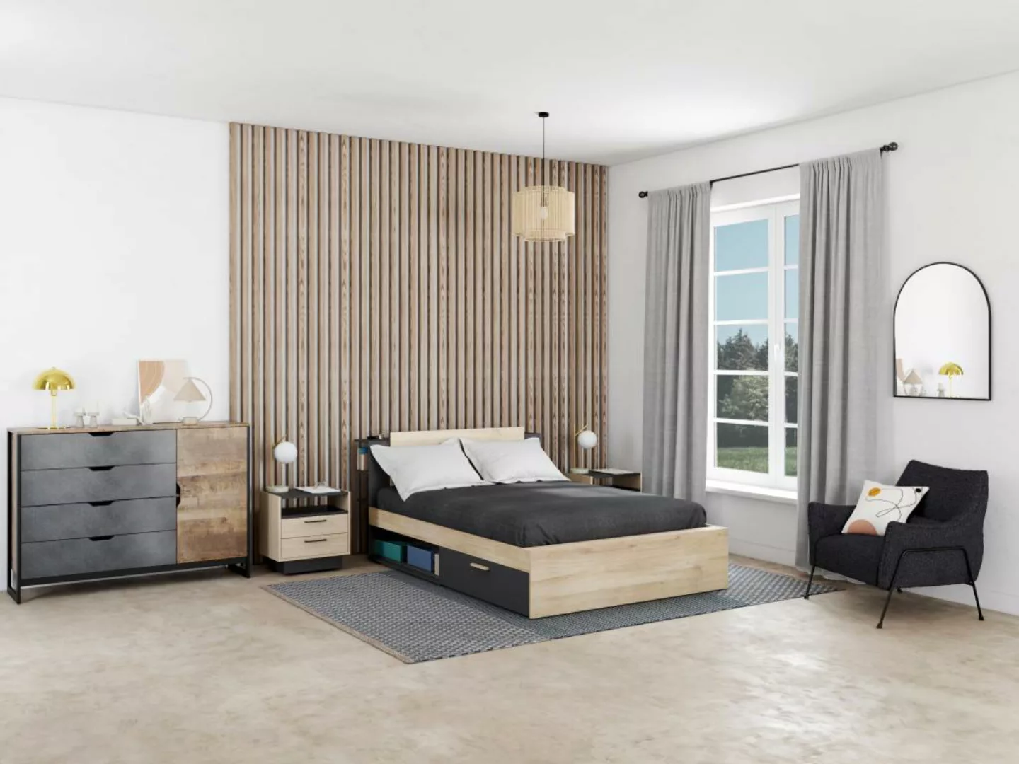Kombi-Bett mit Stauraum - 140 x 190/200 cm - Holzfarben & Schwarz - ERALIA günstig online kaufen
