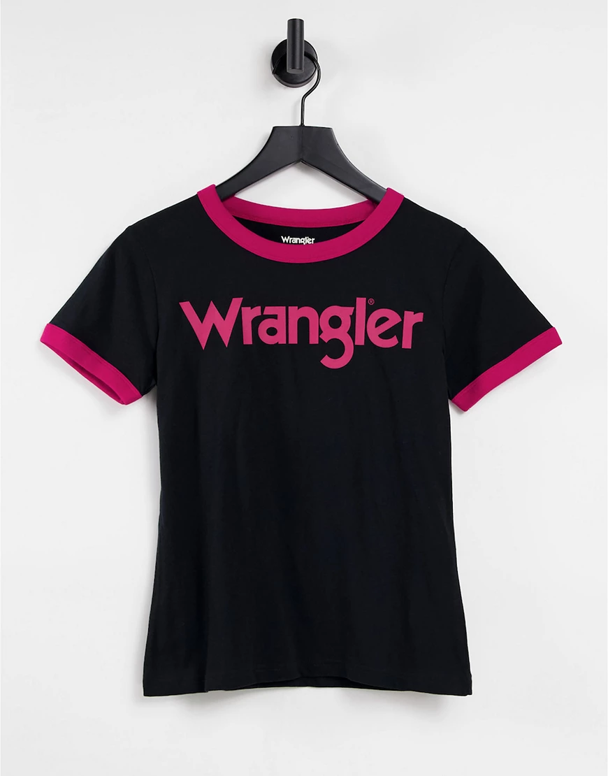 Wrangler – Kurzärmliges Ringer-T-Shirt in Schwarz günstig online kaufen