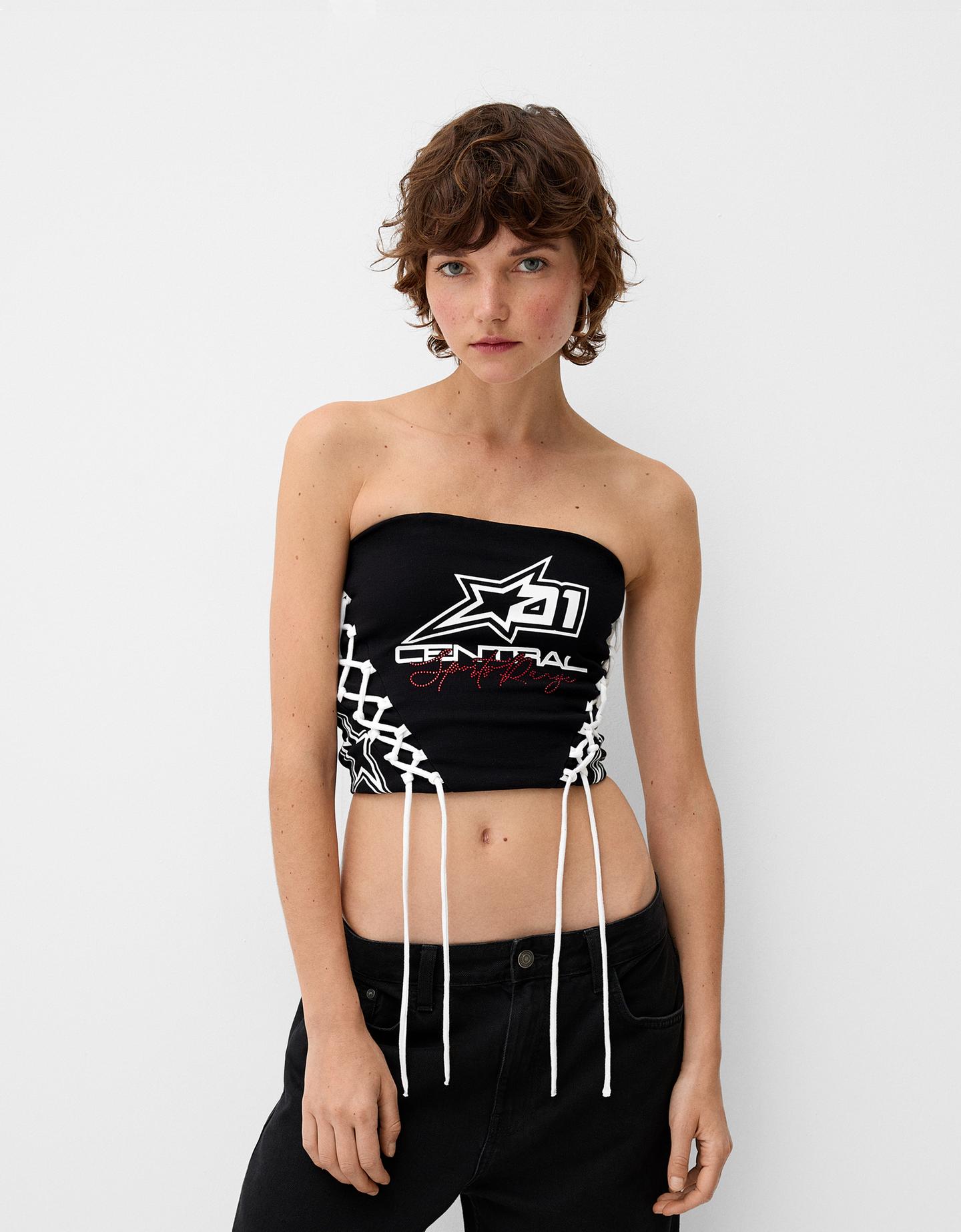 Bershka Bandeau-Top Mit Schnürung Damen Xs Schwarz günstig online kaufen