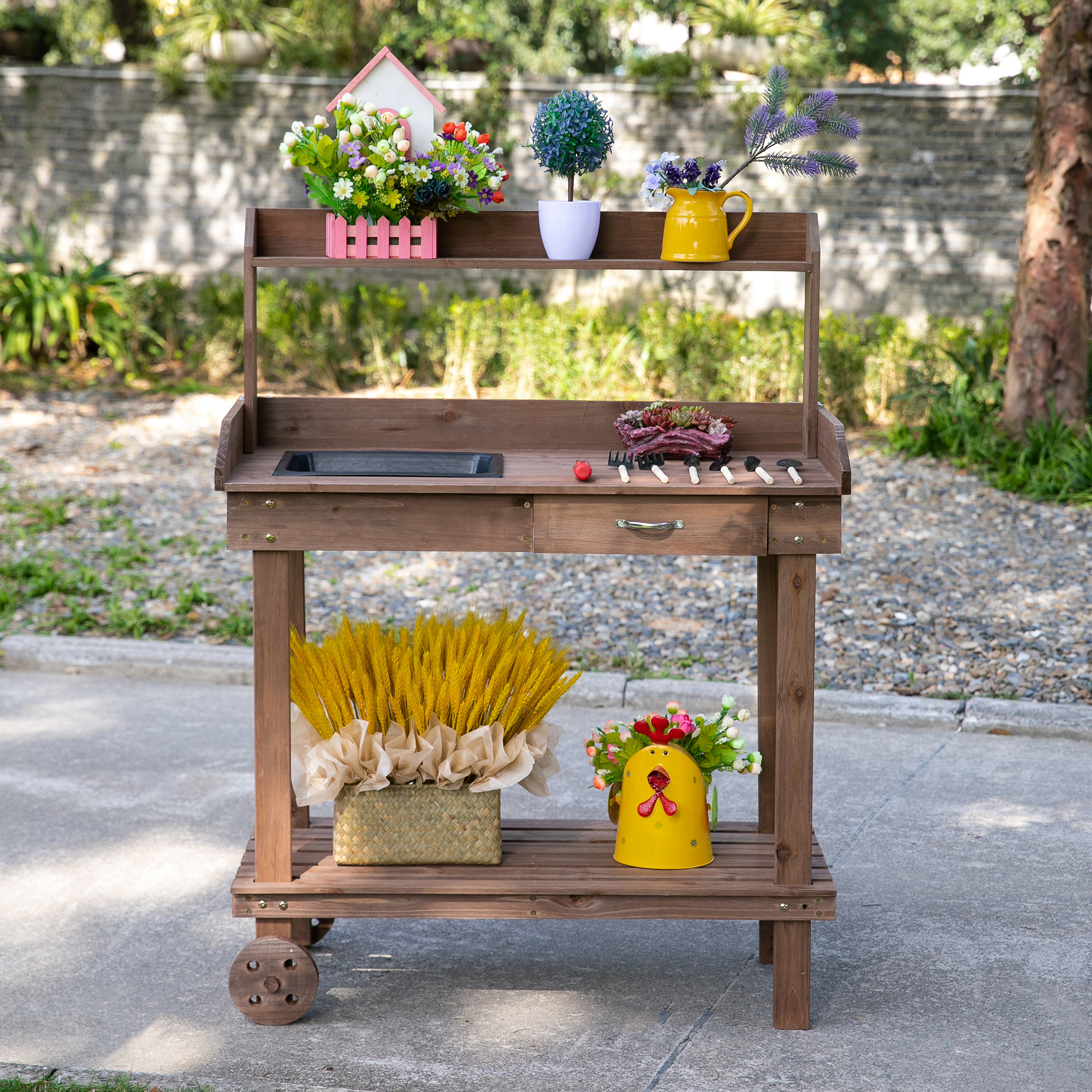 Outsunny Pflanztisch mit Schublade und Waschbecken, 2 Stufen, Garten Tisch günstig online kaufen