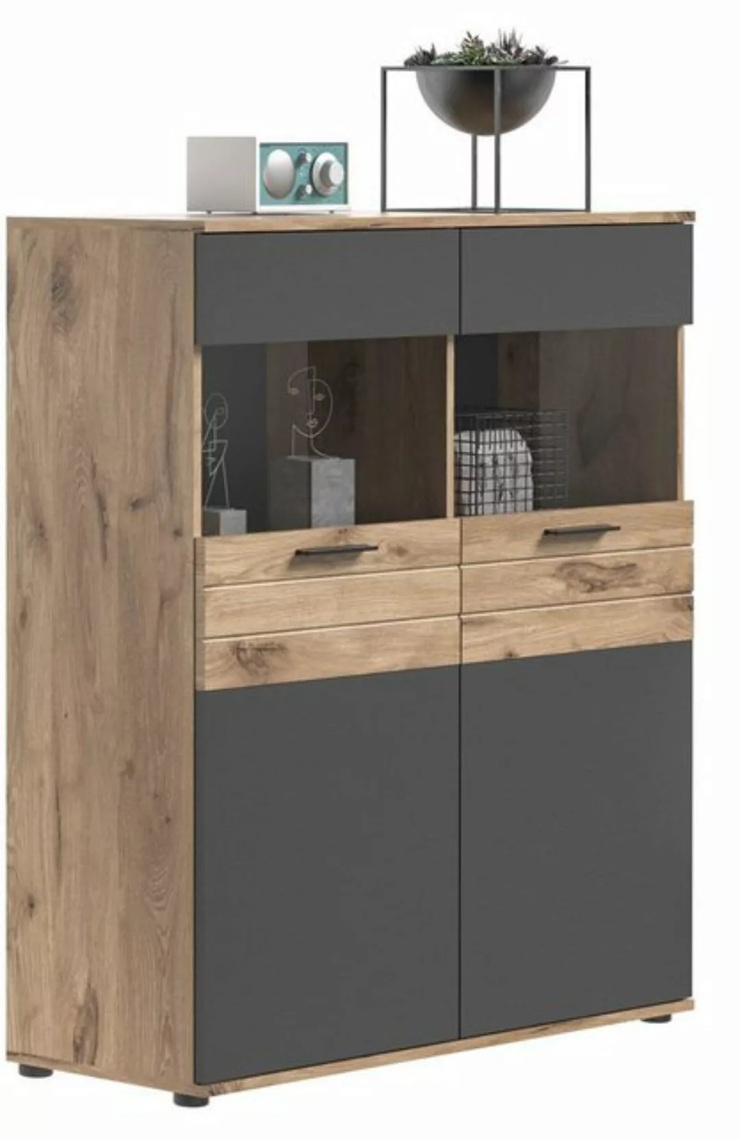 möbelando Vitrine Vitrine >Mason< in nox oak/basalt grau - 110x122x37cm (Bx günstig online kaufen