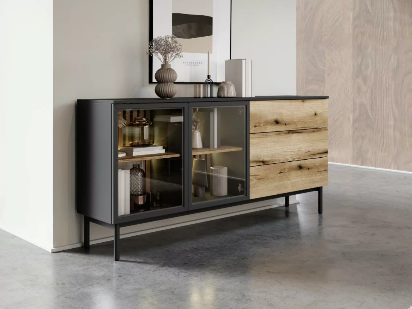 Sideboard mit 2 Türen & 3 Schubladen mit LED-Beleuchtung - Holzfarben & Sch günstig online kaufen