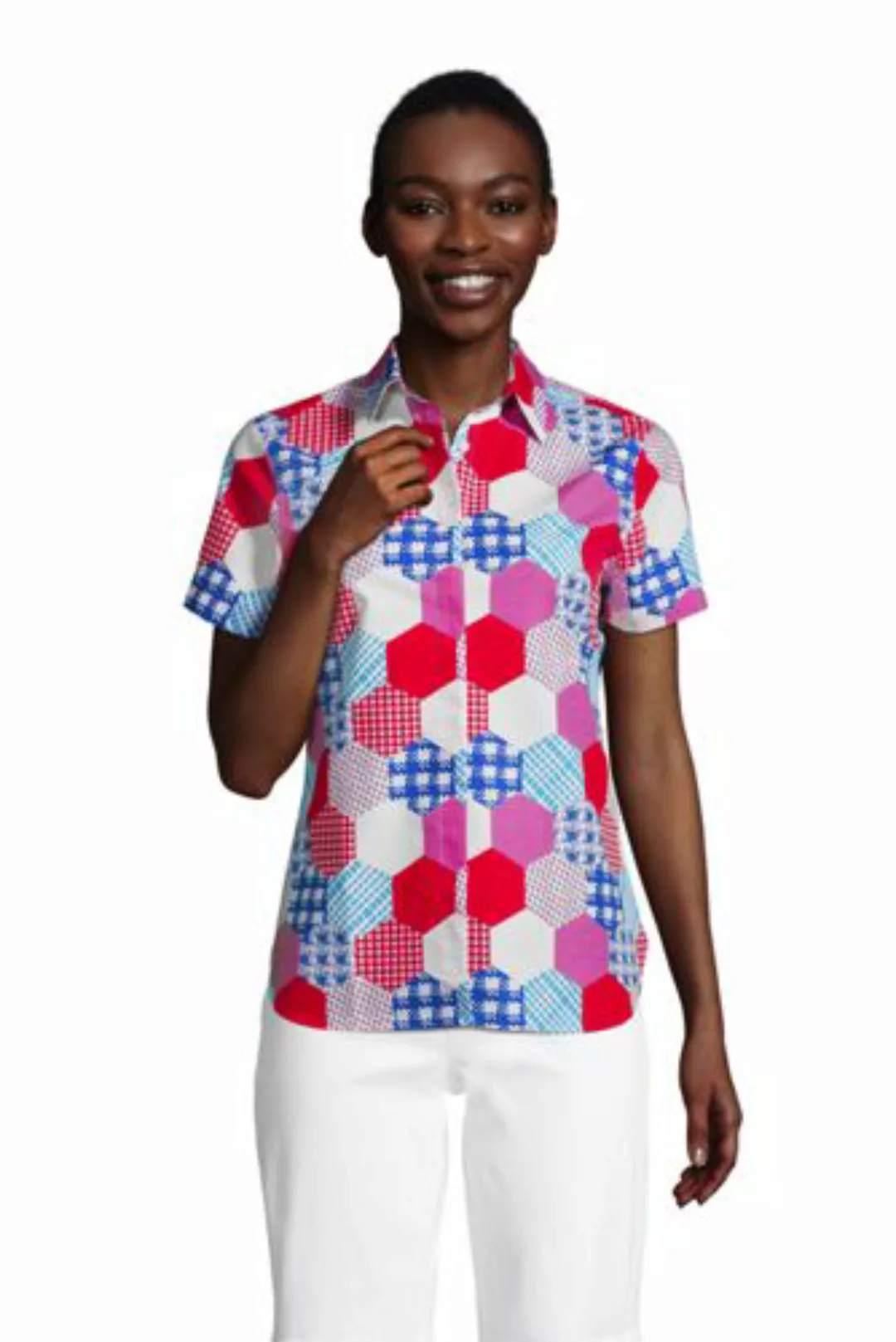 Gemusterte Supima Bügelfrei-Bluse, kurze Ärmel, Damen, Größe: XS Normal, Ro günstig online kaufen