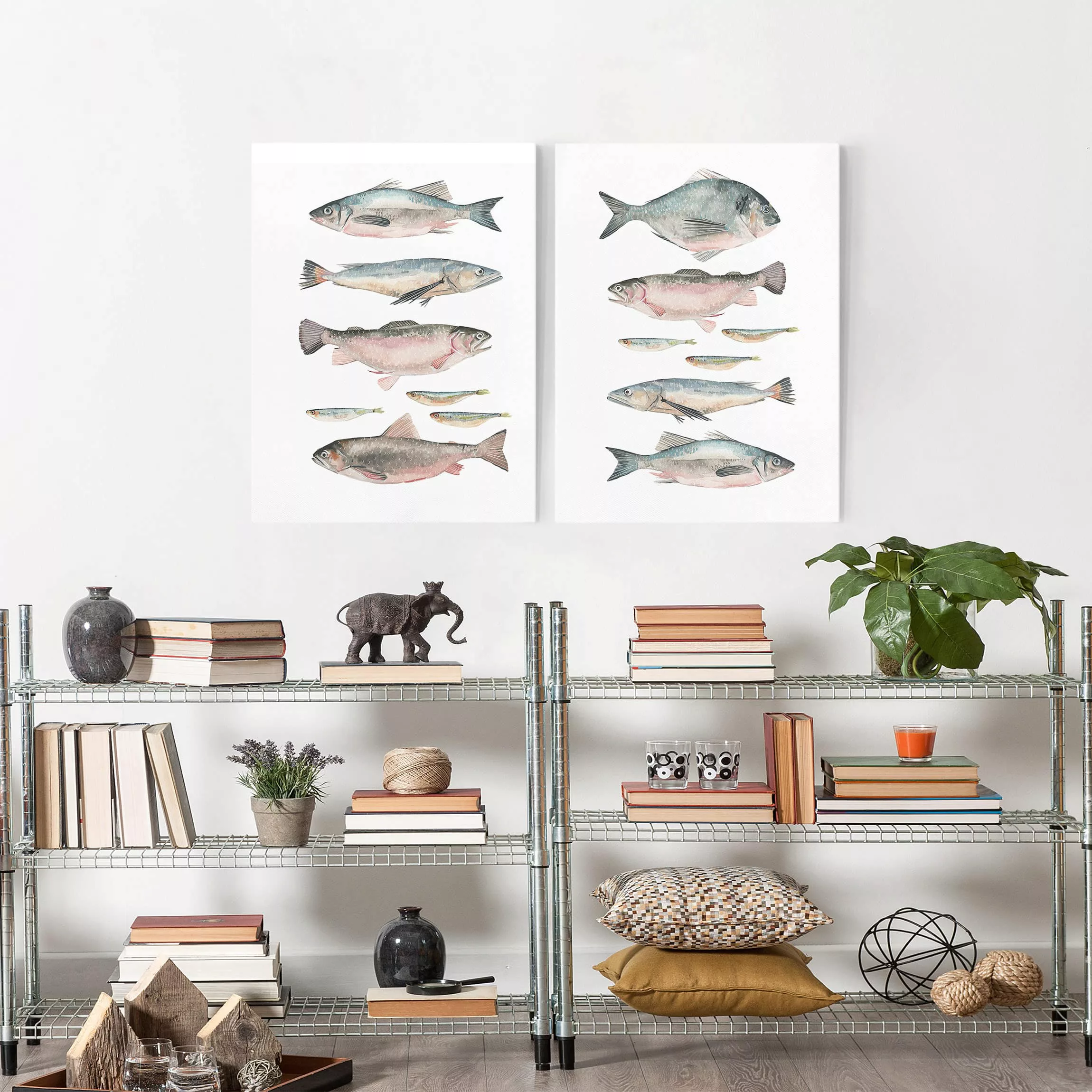 2-teiliges Leinwandbild Küche - Hochformat Fische in Aquarell Set I günstig online kaufen