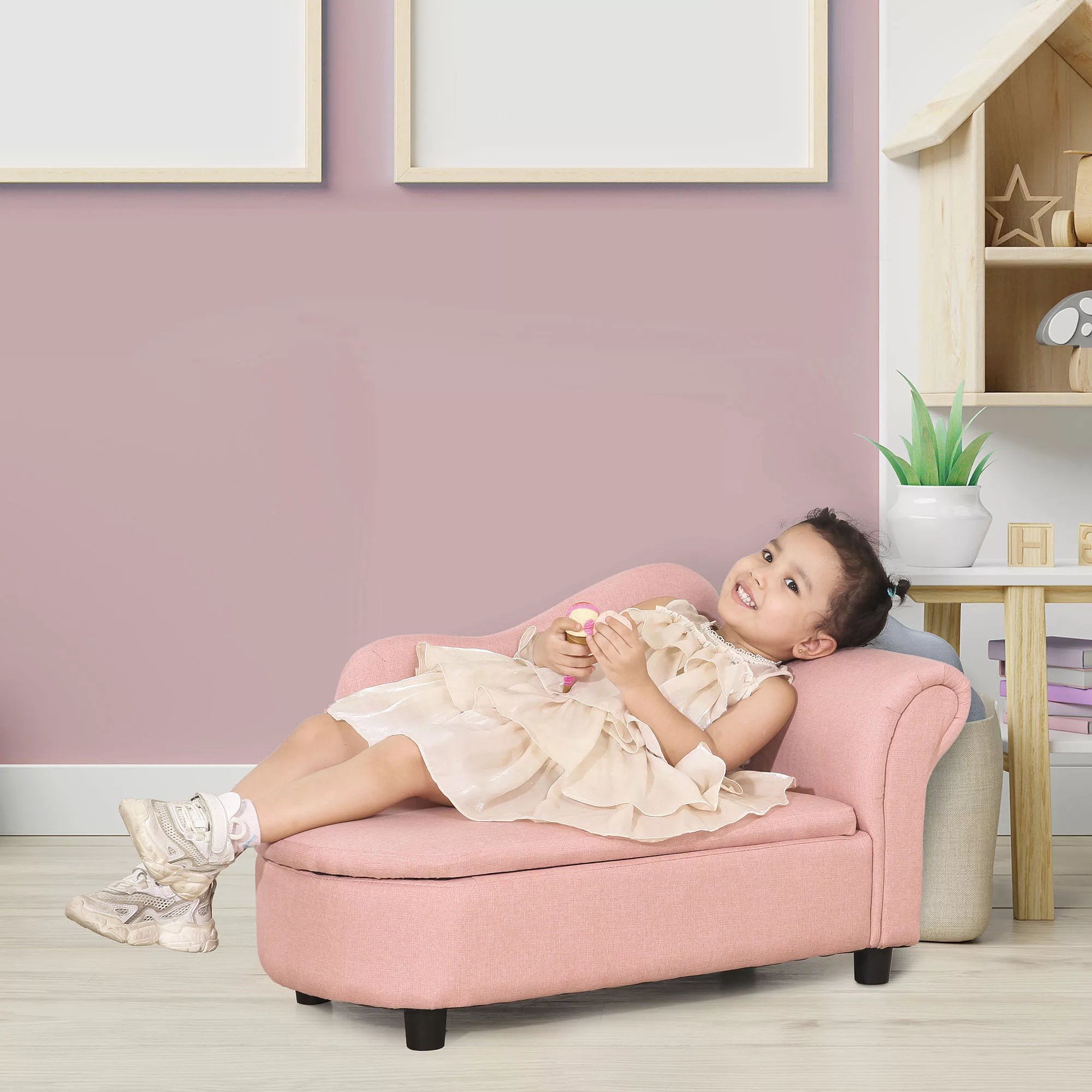 HOMCOM Kindersofa mit Stauraum in Rosa  Schlafsofa in Leinenoptik, Massivho günstig online kaufen