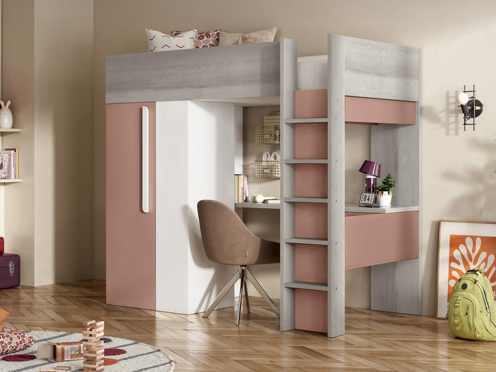 Hochbett mit Schreibtisch & Kleiderschrank  + Matratze - 90 x 200 cm - Rosa günstig online kaufen