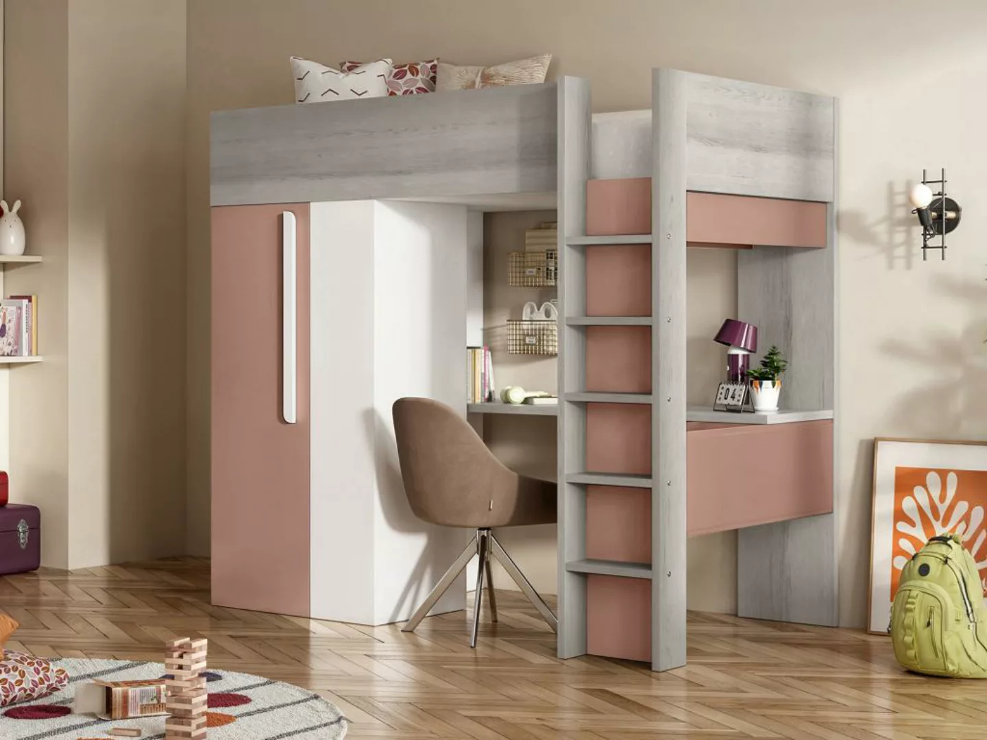 Hochbett mit Schreibtisch & Kleiderschrank  + Matratze - 90 x 200 cm - Rosa günstig online kaufen