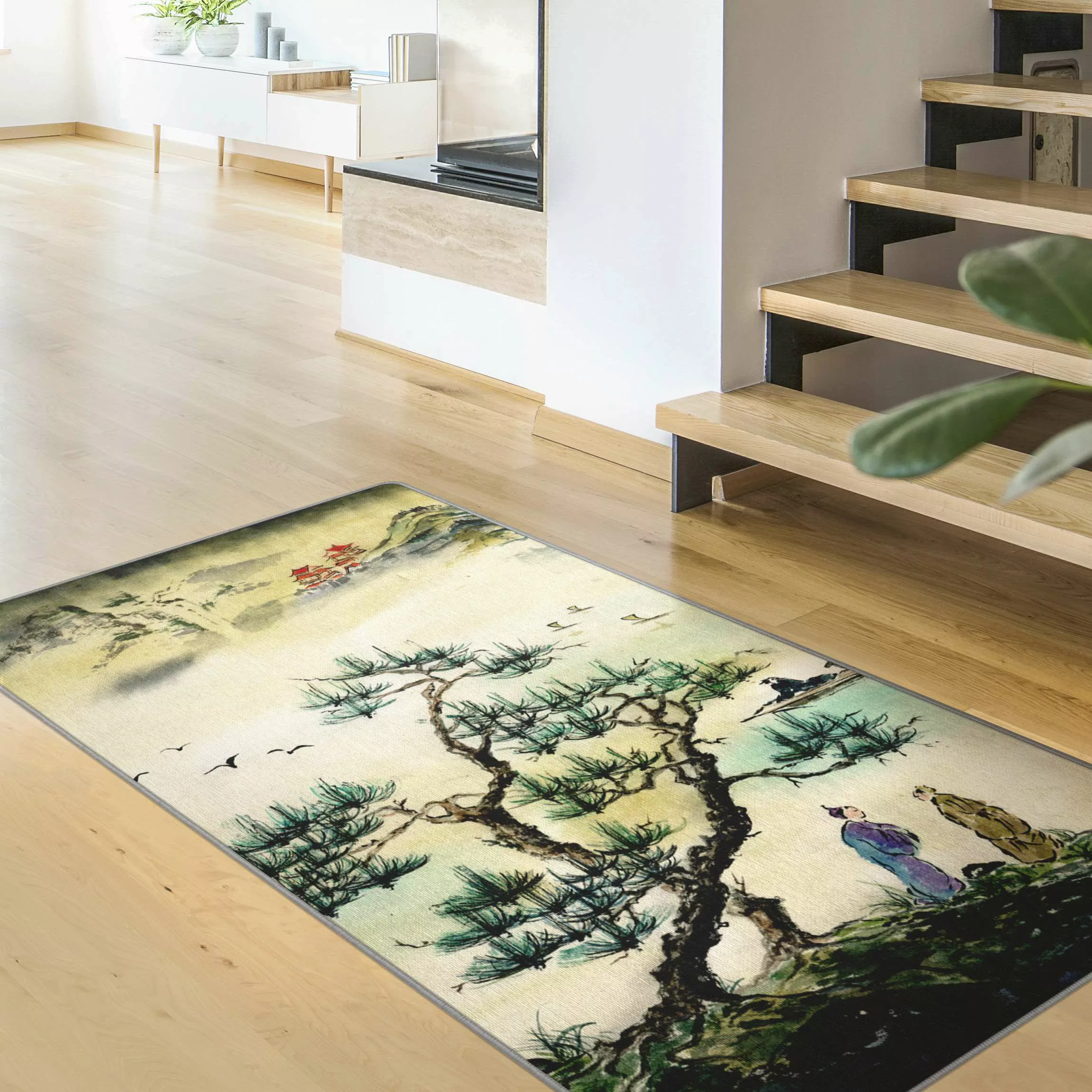 Teppich Japanische Aquarell Zeichnung Kiefer und Bergdorf günstig online kaufen