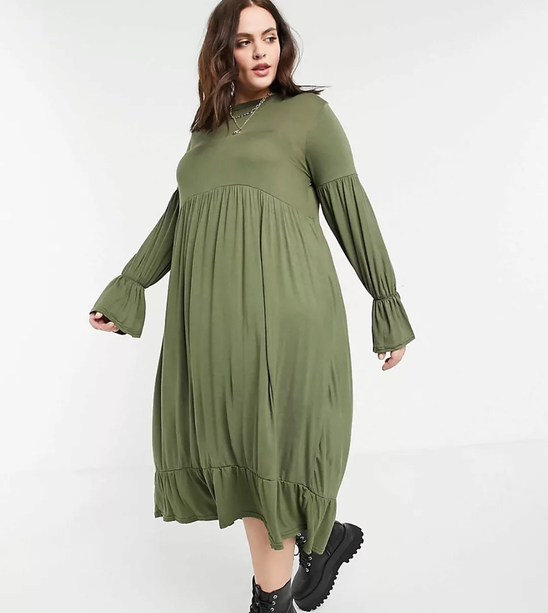 Yours – Maxikleid in Khaki im Stufen-Look mit ausgestellten Ärmeln-Grün günstig online kaufen