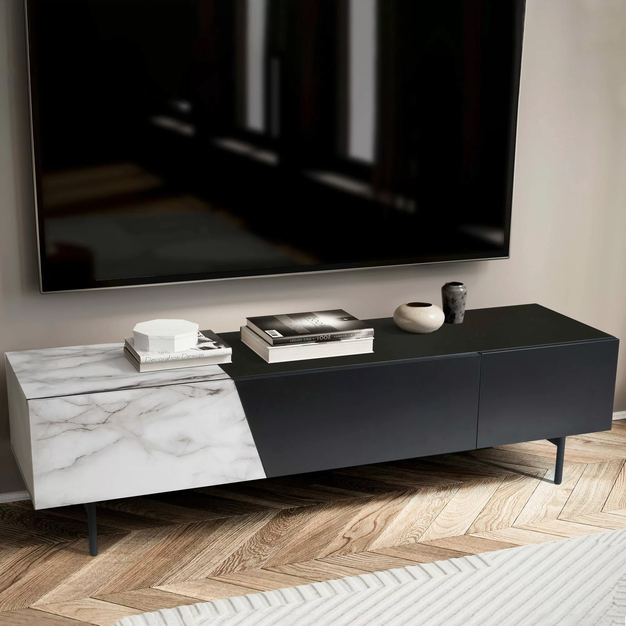 FINEBUY Lowboard FB56049 (Schwarz / Marmor-Dekor, günstig online kaufen