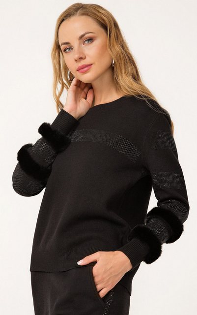 Passioni Strickpullover Modischer schwarzer Pullover mit Kunst-Fell- und Gl günstig online kaufen