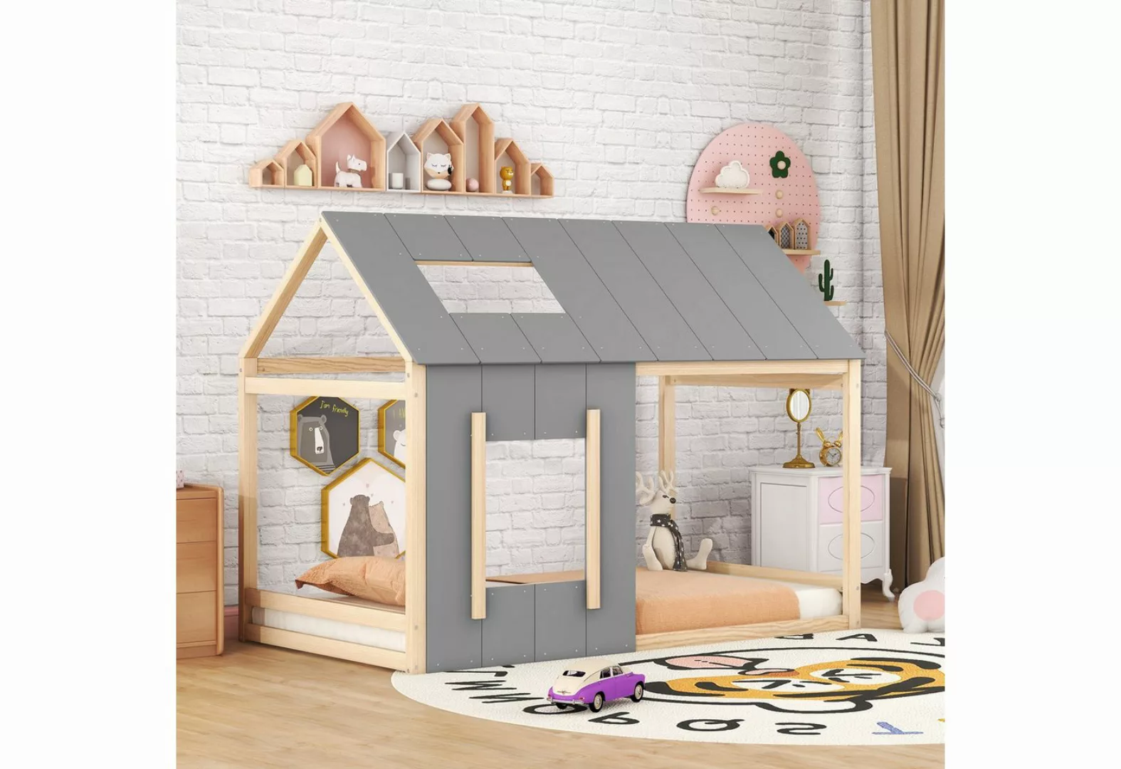 KoDise Kinderbett Holzbett 90 x 200cm Bettrahmen Hausbett mit Dach und Fens günstig online kaufen