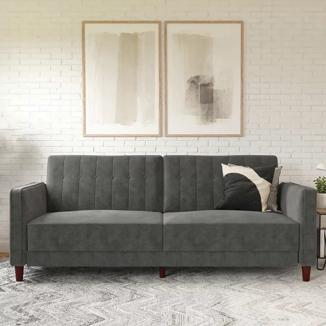 Sofa Samt grau mit Fußgestell aus Holz Rücken Klappmechanik günstig online kaufen
