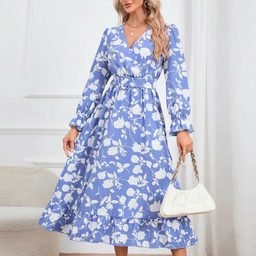 ZWY Dirndlbluse Langes Damenkleid mit V-Ausschnitt und Print Straffen Sie d günstig online kaufen