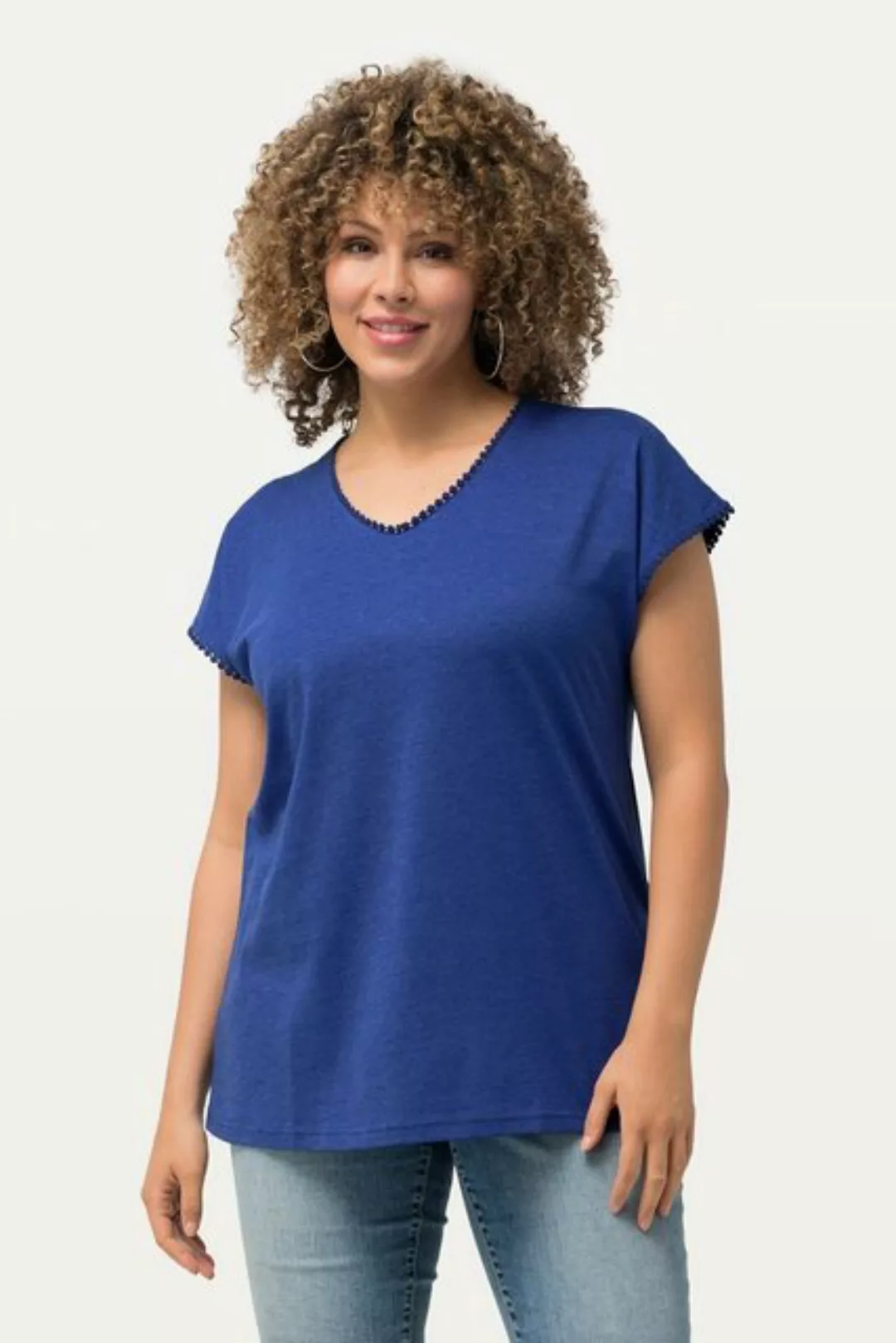 Ulla Popken Rundhalsshirt T-Shirt Zierborten Oversized V-Ausschnitt Halbarm günstig online kaufen