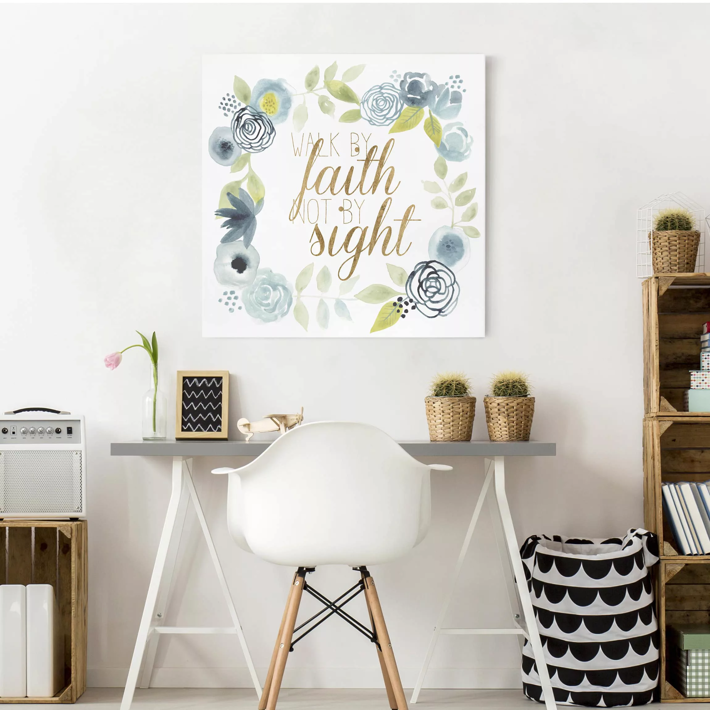 Leinwandbild - Quadrat Blumenkranz mit Spruch - Faith günstig online kaufen