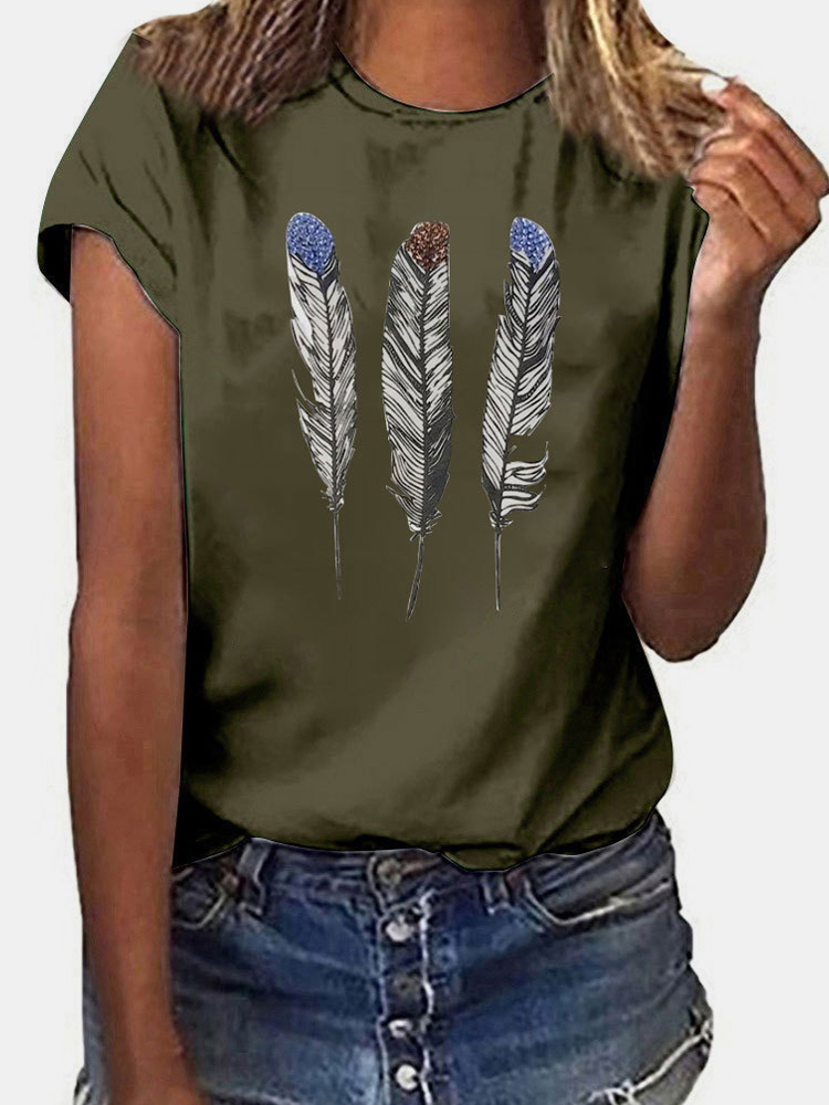 Kurzärmliges O-Ausschnitt-T-Shirt mit O-Ausschnitt und Federdruck für Damen günstig online kaufen