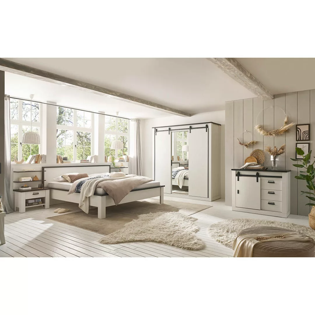 Schlafzimmer Set 7-teilig Bett 180x200cm in Pinie weiß mit anthrazit günstig online kaufen