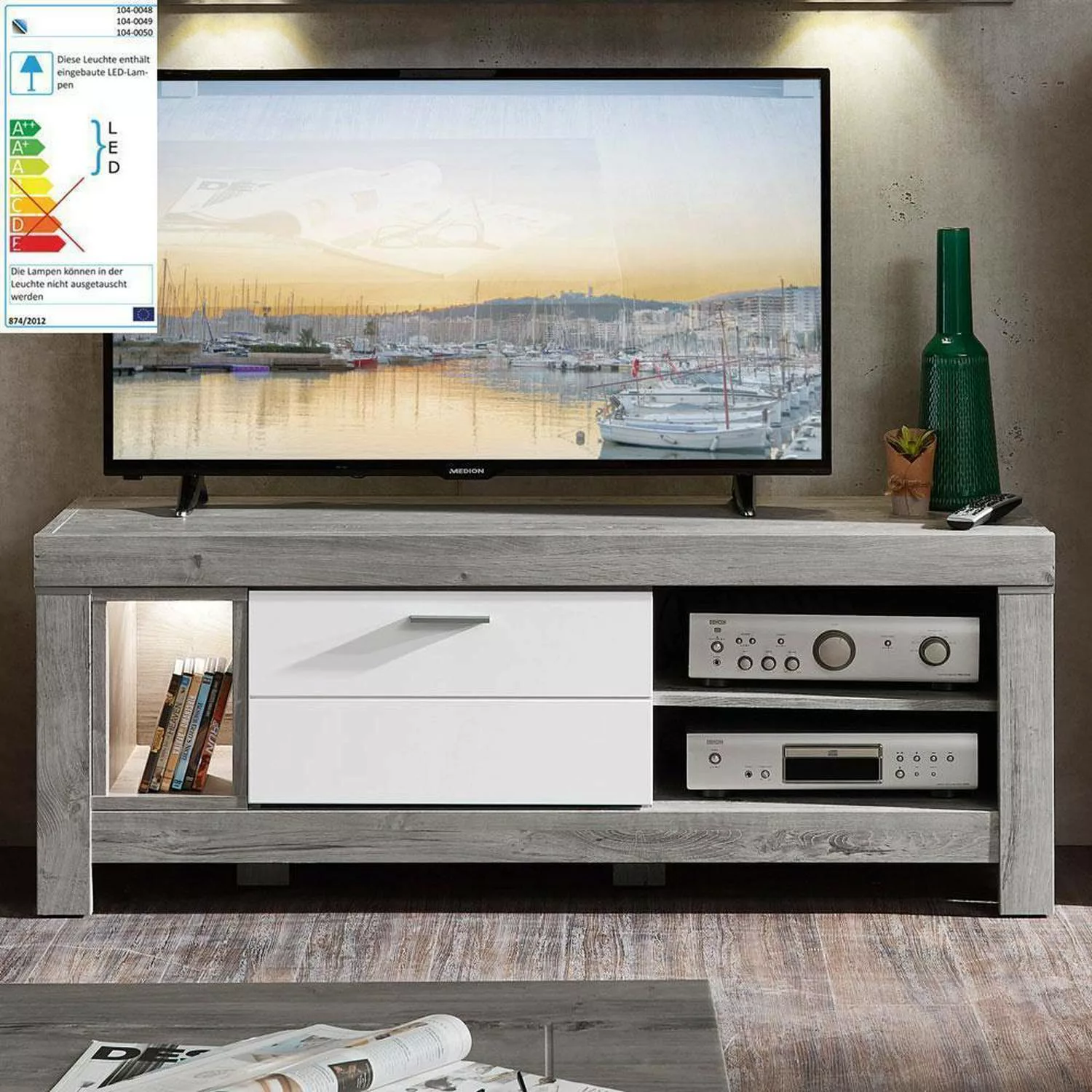 Lomadox Modernes TV-Lowboard inkl. LED in weiß matt und Haveleiche GRONAU-5 günstig online kaufen